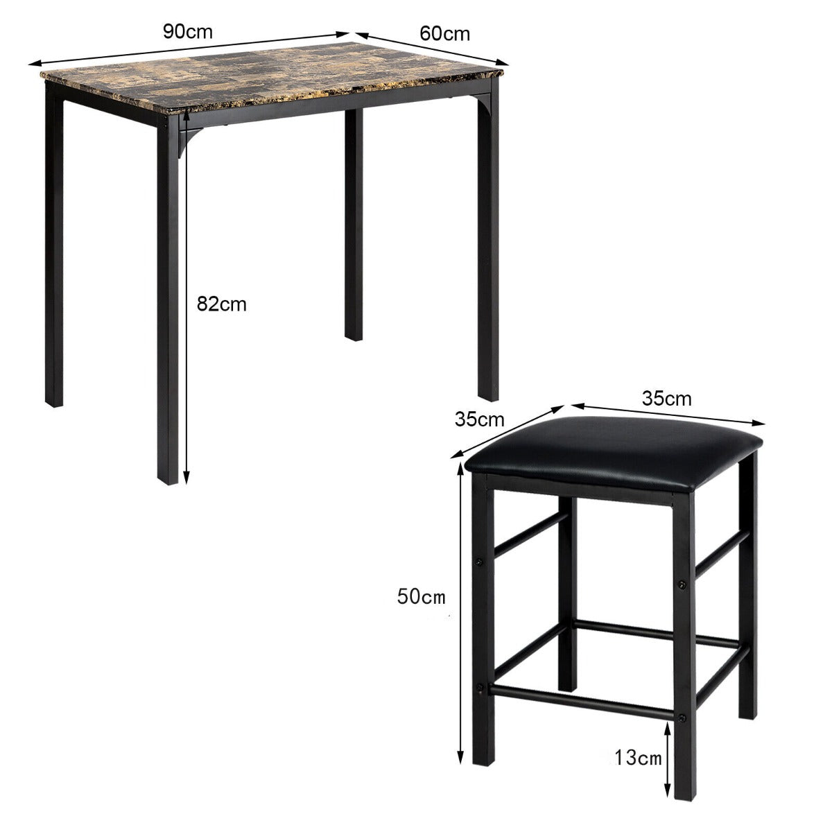 3 Piece Dining Table Set with 2 Faux Leather Backless Stools-Black