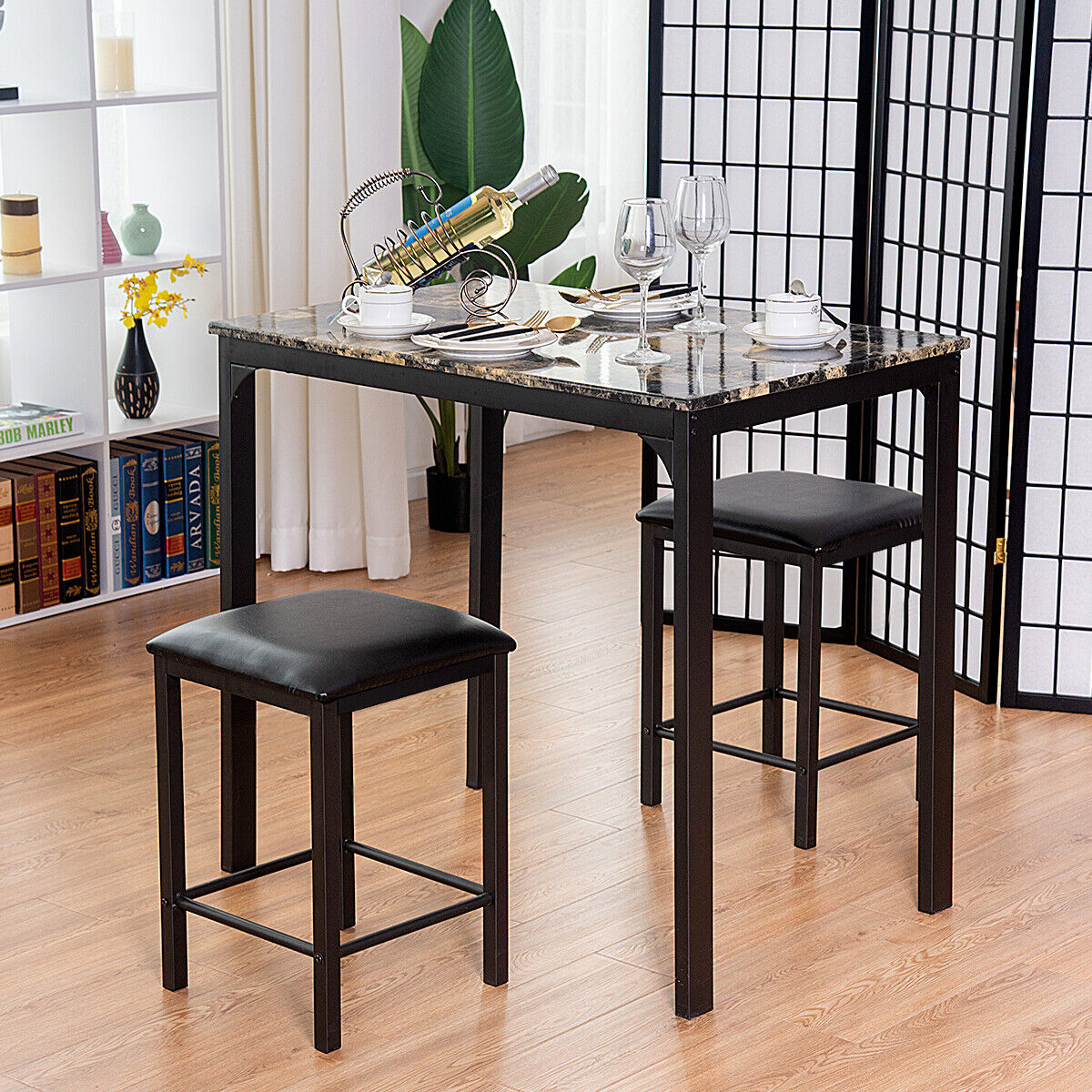 3 Piece Dining Table Set with 2 Faux Leather Backless Stools-Black