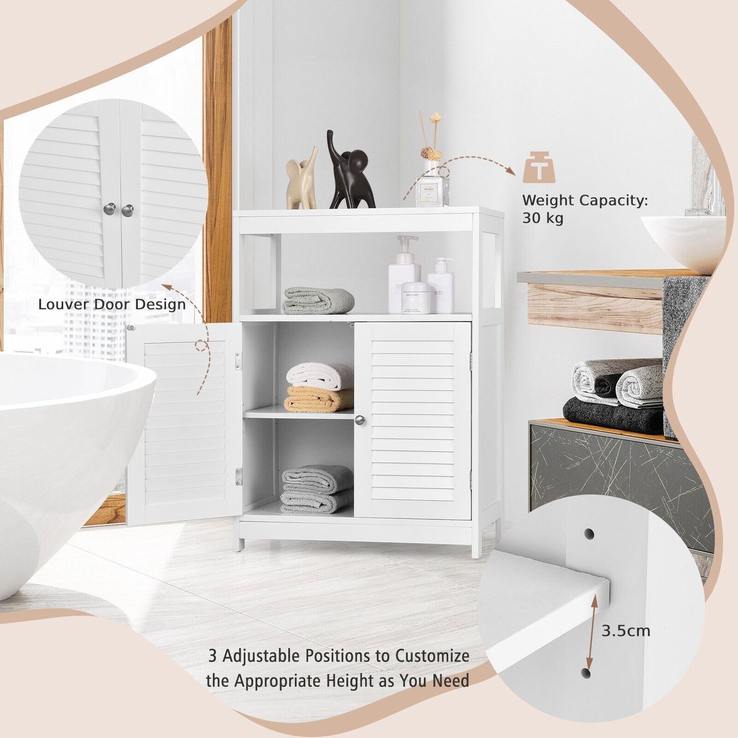 Bathroom Floor Cabinet with Double Shutter Door and Adjustable Shelf-Grey