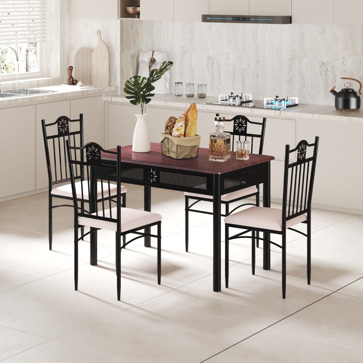 5 Pieces Kitchen Dining Table and Chair Set with Sponge Cushion-Natural