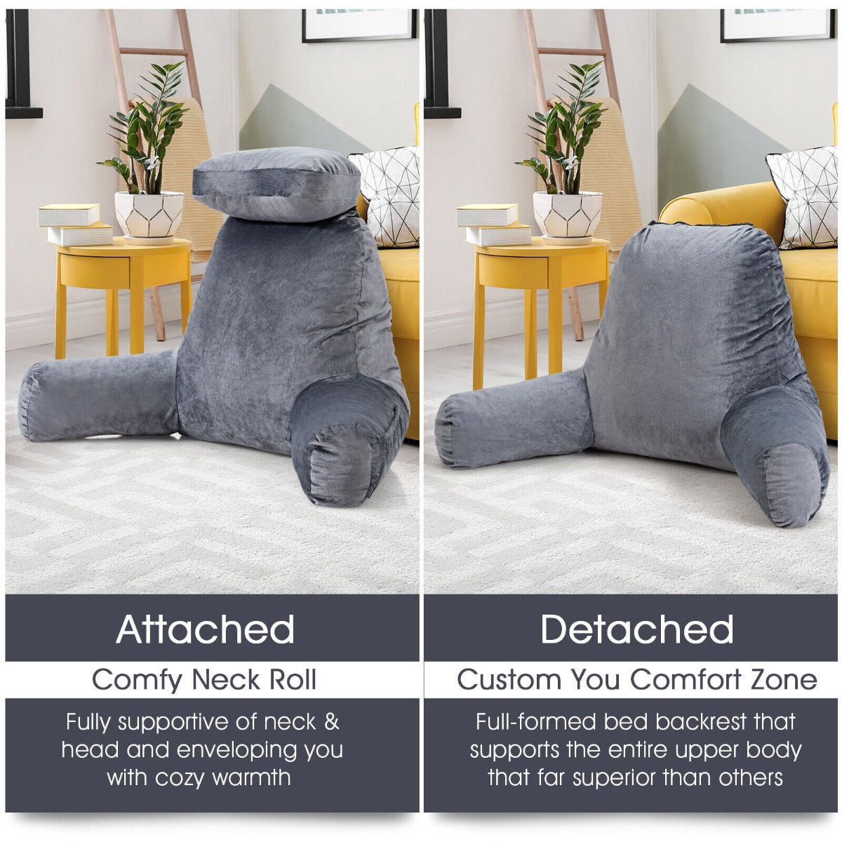Extra Large Bed Rest Reading Pillow with Detachable Neck Roll-Brown
