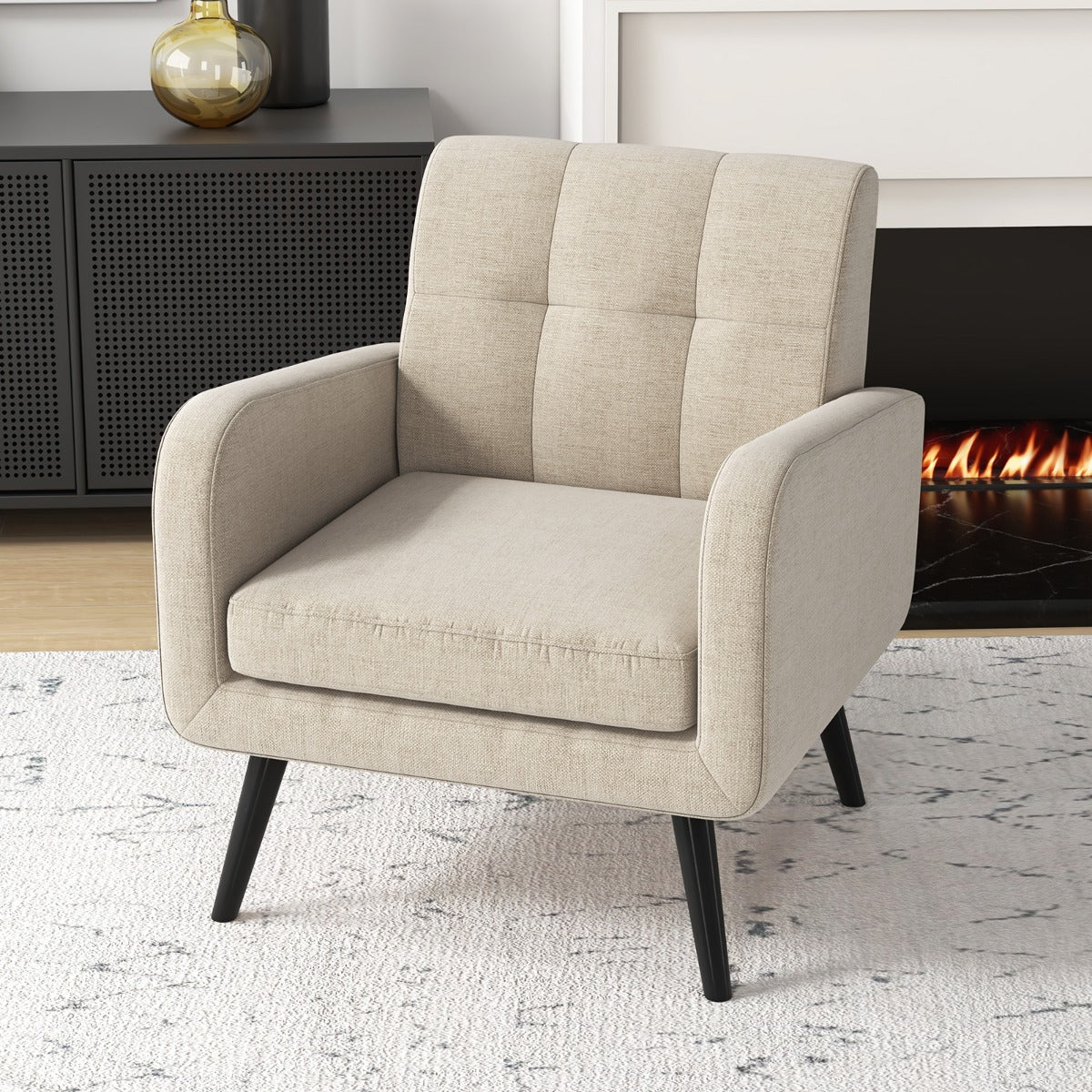 Mid-Century Modern Upholstered Accent Chair with Rubber Wood Legs-Beige