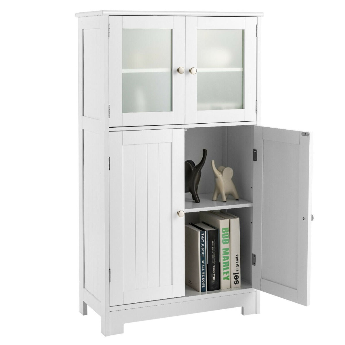 4-Door Bathroom Floor Cabinet with Glass Doors and Adjustable Shelf-Black