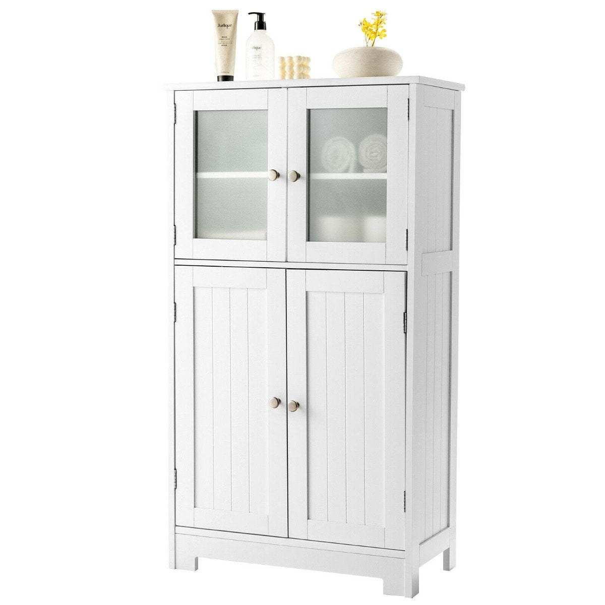 4-Door Bathroom Floor Cabinet with Glass Doors and Adjustable Shelf-Black