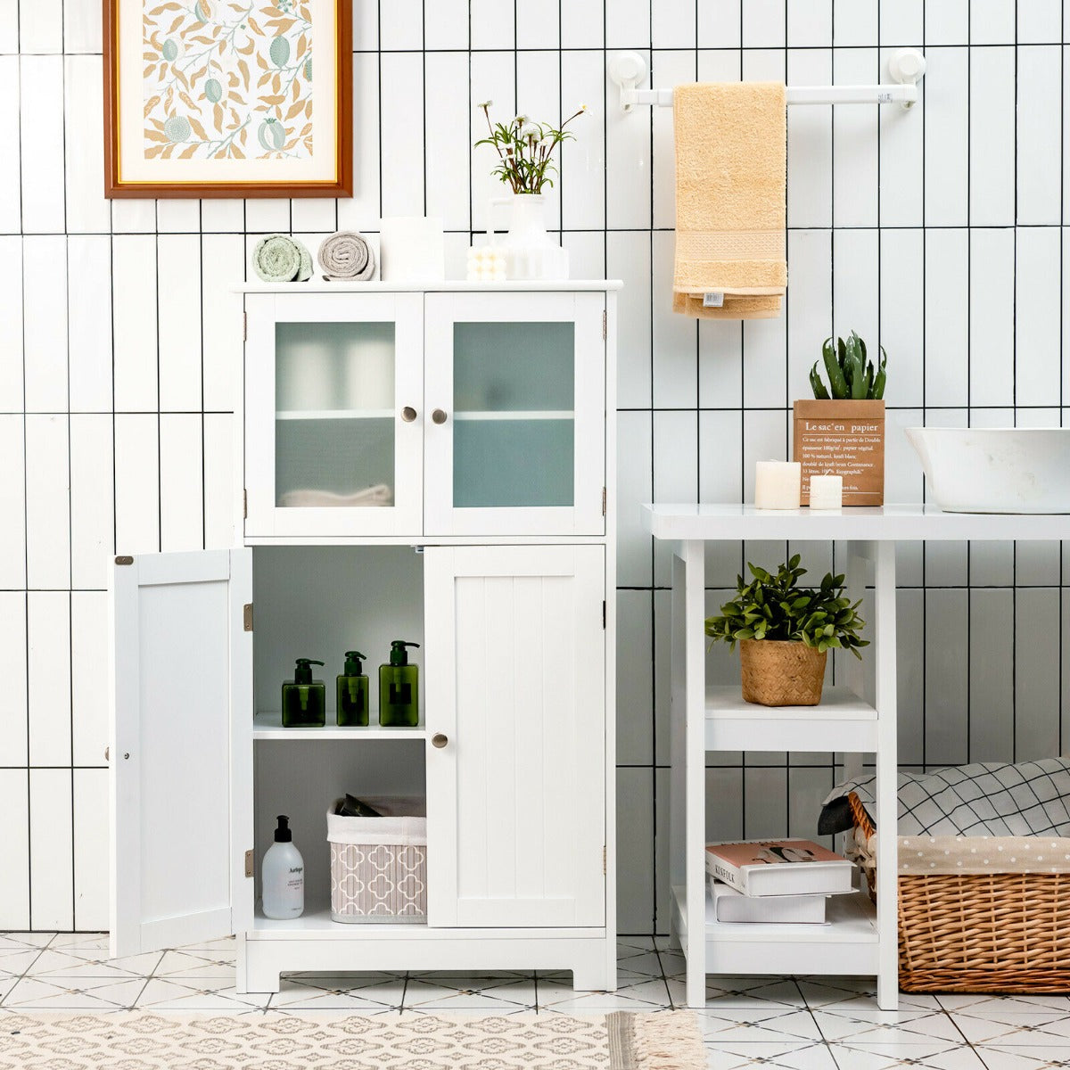 4-Door Bathroom Floor Cabinet with Glass Doors and Adjustable Shelf-Black