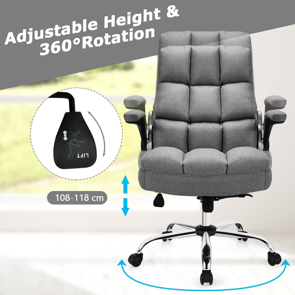 Linen Upholstered Executive Chair with Ergonomic High Back for Home Office-Beige