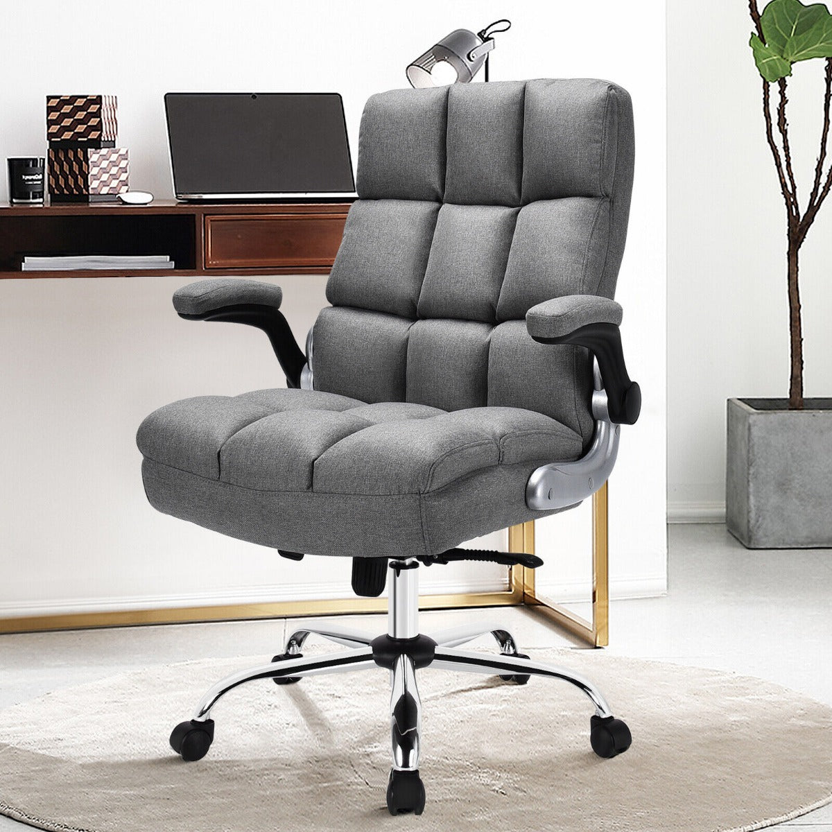 Linen Upholstered Executive Chair with Ergonomic High Back for Home Office-Beige