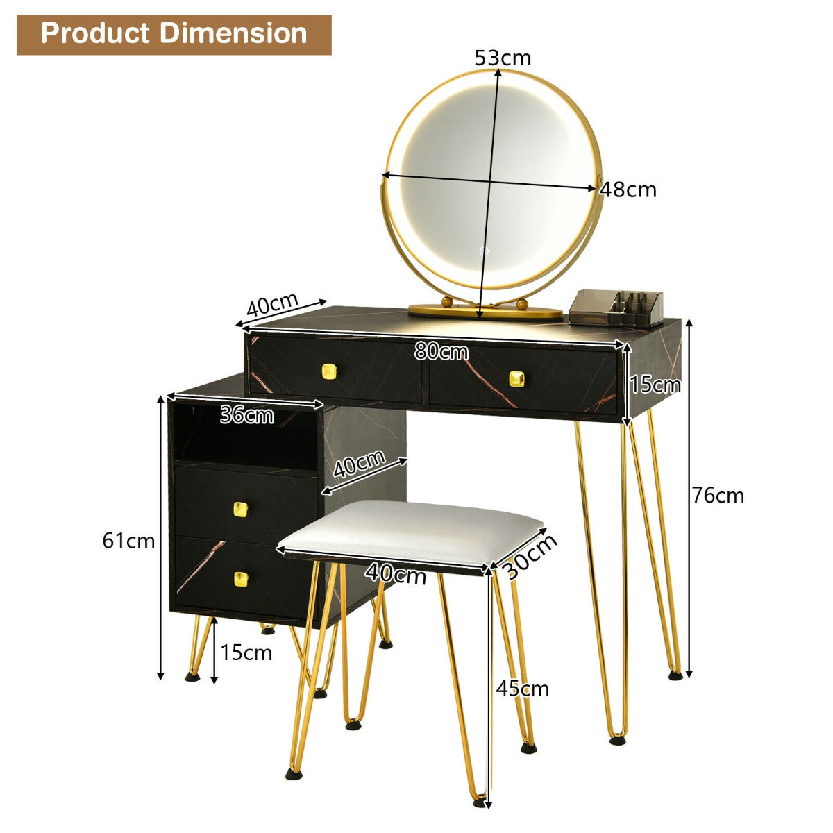 3 Modes Vanity Dressing Table with 3 Color Detachable LED Mirror-Brown