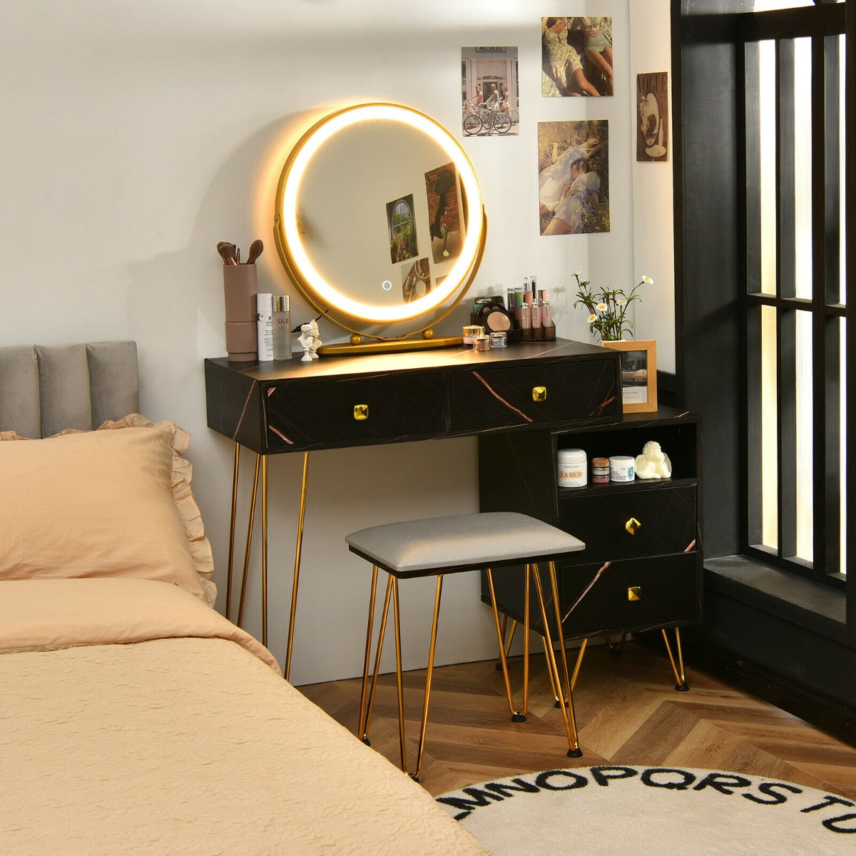 3 Modes Vanity Dressing Table with 3 Color Detachable LED Mirror-Brown