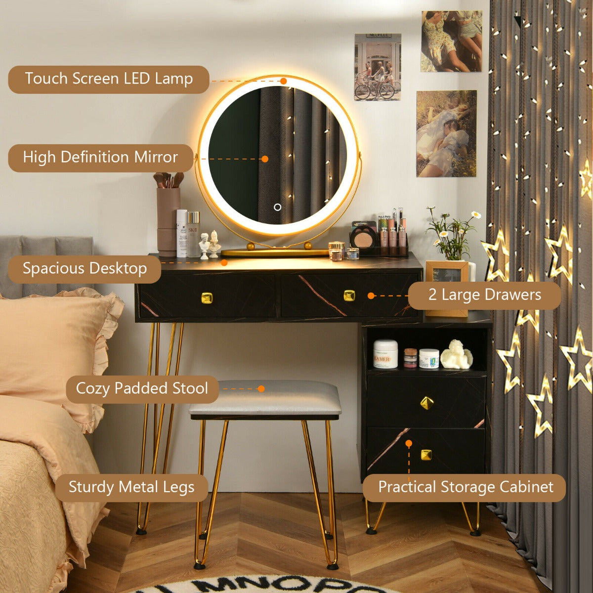3 Modes Vanity Dressing Table with 3 Color Detachable LED Mirror-Brown