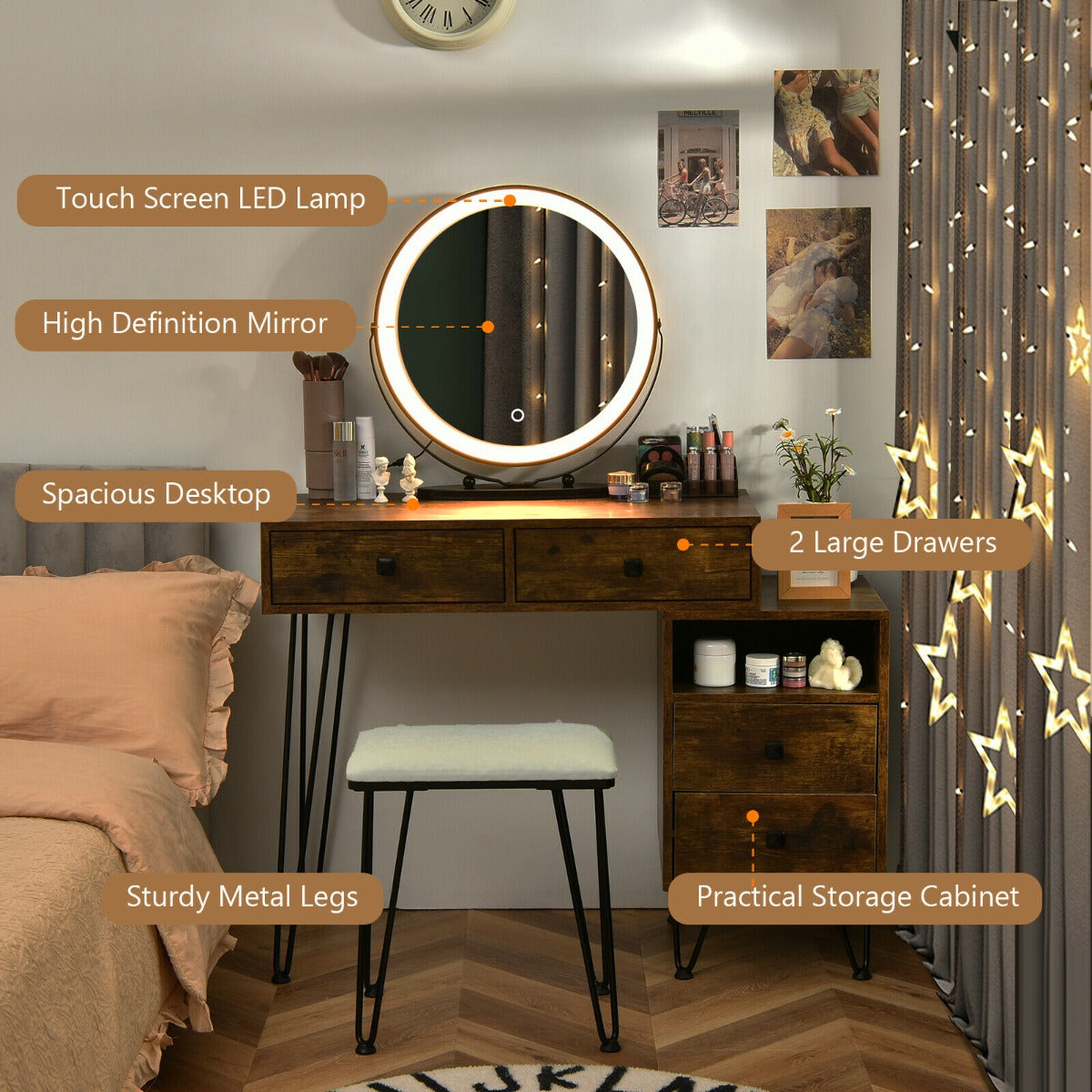 3 Modes Vanity Dressing Table with 3 Color Detachable LED Mirror-Brown