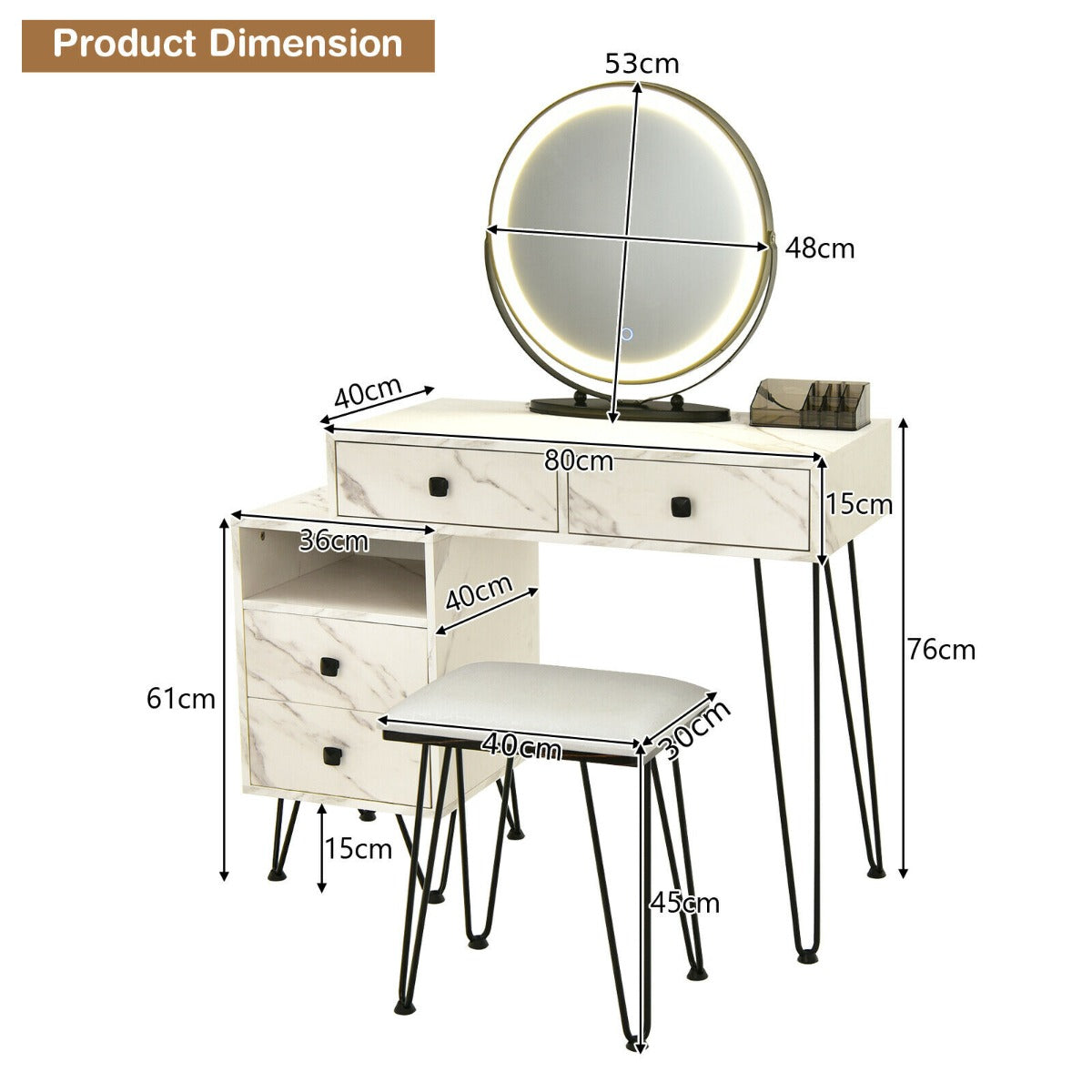 3 Modes Vanity Dressing Table with 3 Color Detachable LED Mirror-Brown