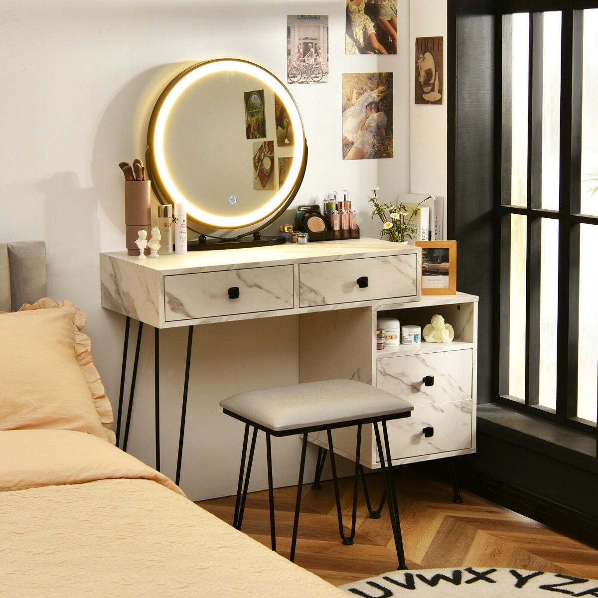 3 Modes Vanity Dressing Table with 3 Color Detachable LED Mirror-Brown