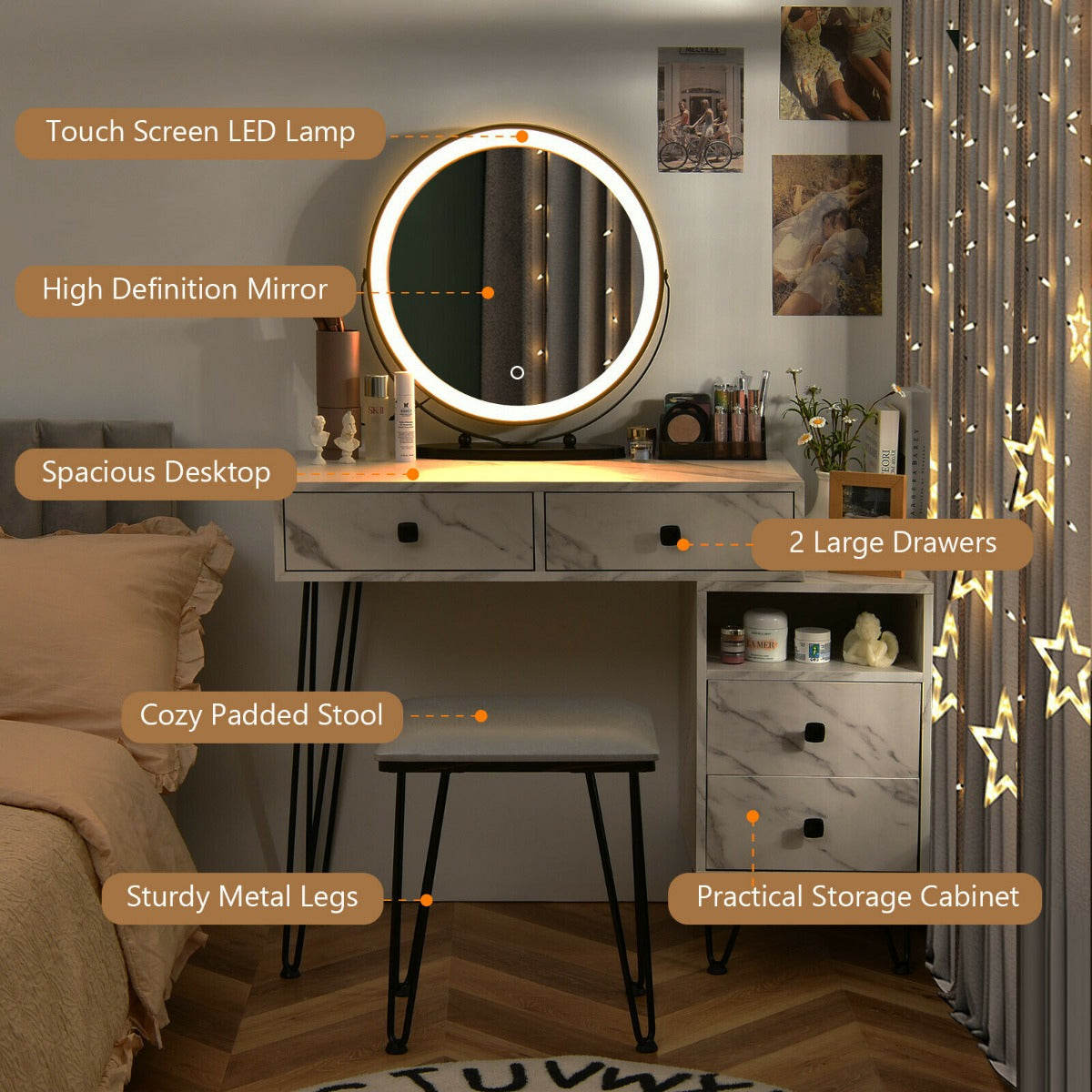 3 Modes Vanity Dressing Table with 3 Color Detachable LED Mirror-Brown