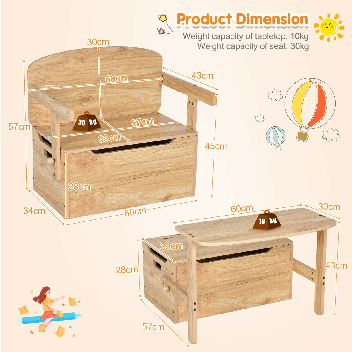 3-in-1 Kids Table and Chair Set with Toy Storage Box-Grey