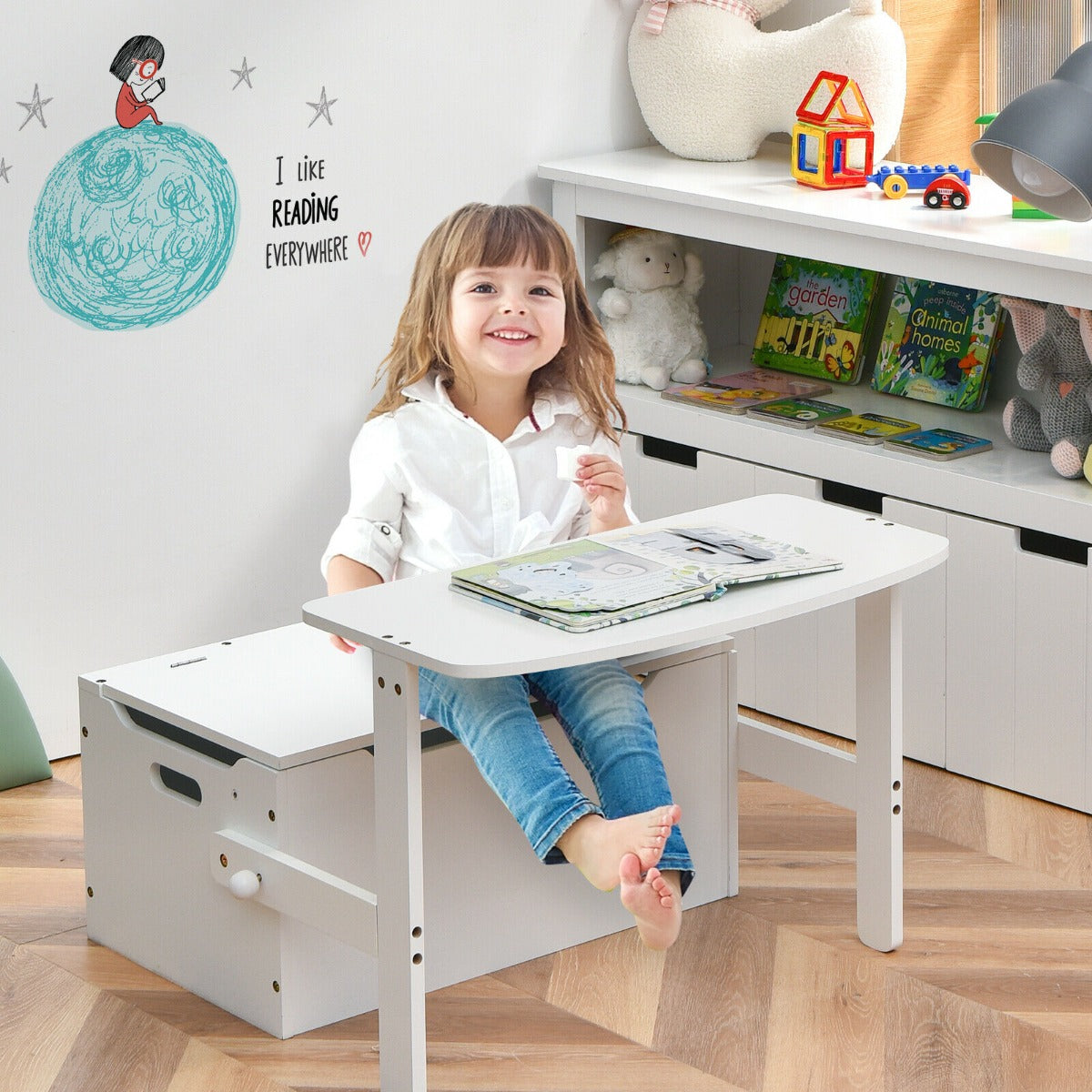 3-in-1 Kids Table and Chair Set with Toy Storage Box-Grey