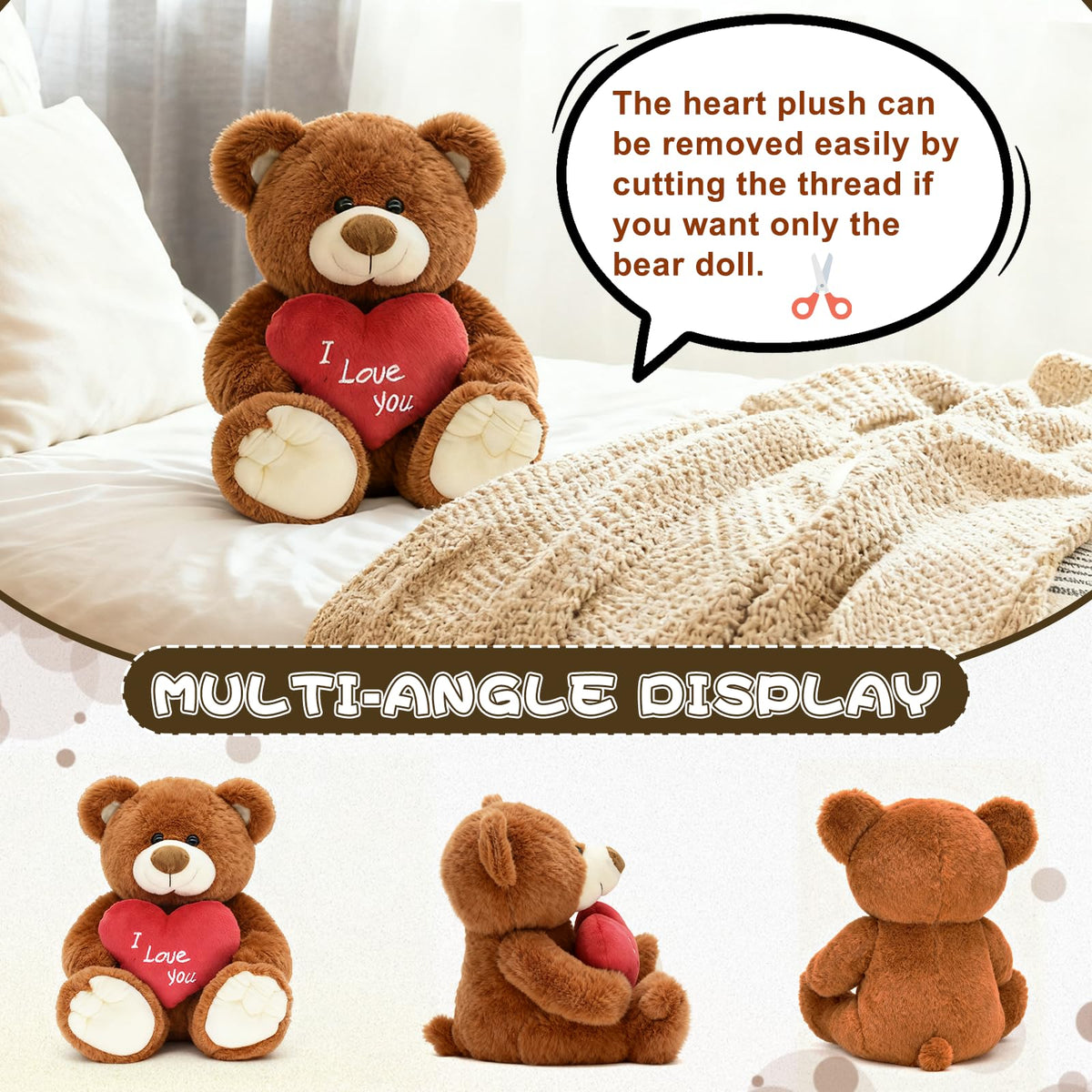 HWD I Love You! 10'' Teddy Bear with Red Heart — Soft Plush Gift for Her, Girlfriend, Mom