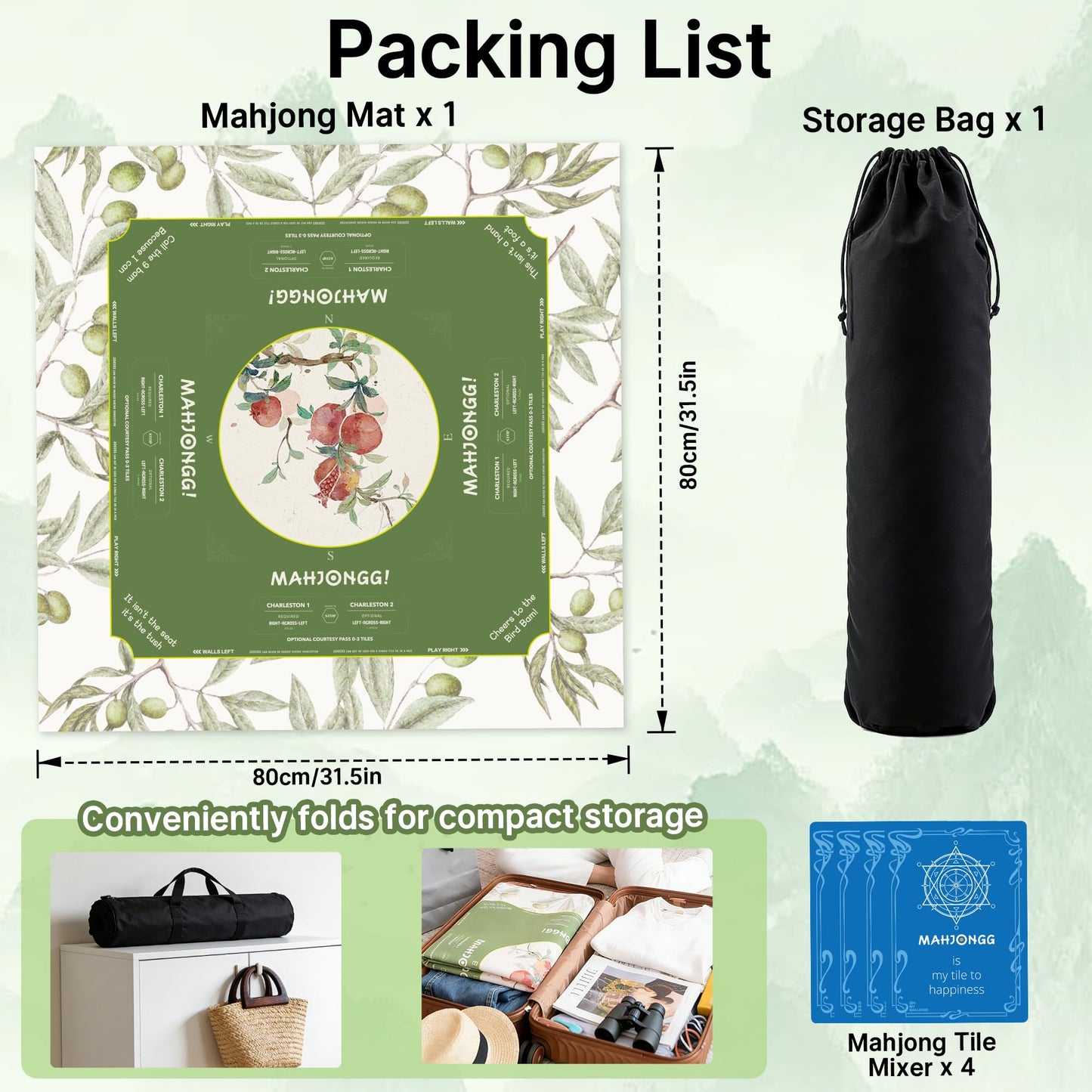 HWZ Mahjong Mat – 31.5-Inch Square, 3.5mm Thick, Waterproof, Noise-Reducing Surface with 4 Mixers & Storage Bag | Olive Green