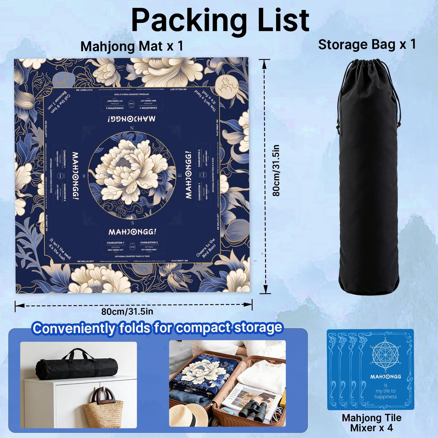 HWZ Mahjong Mat – 31.5” Square, 4 Mixers, Storage Bag, 3.5mm Quiet, Waterproof