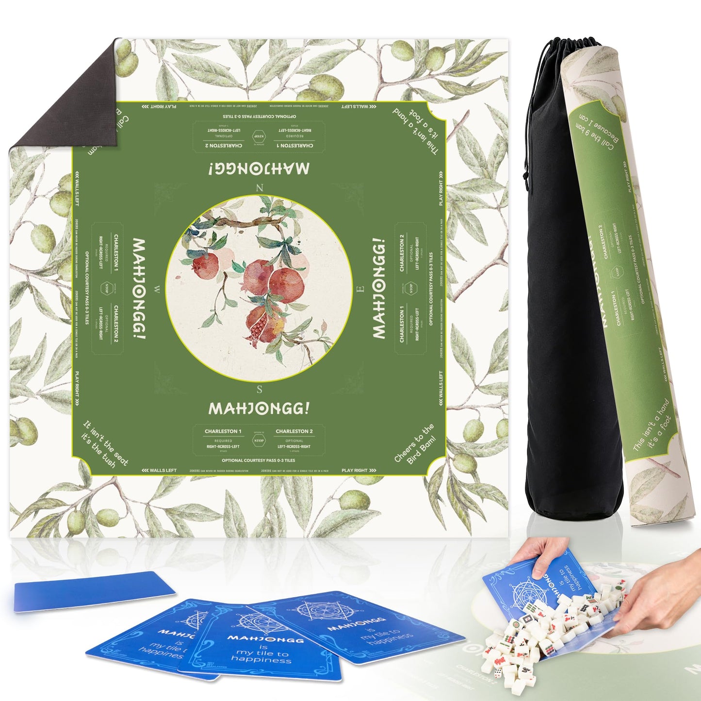 HWZ Mahjong Mat – 31.5-Inch Square, 3.5mm Thick, Waterproof, Noise-Reducing Surface with 4 Mixers & Storage Bag | Olive Green