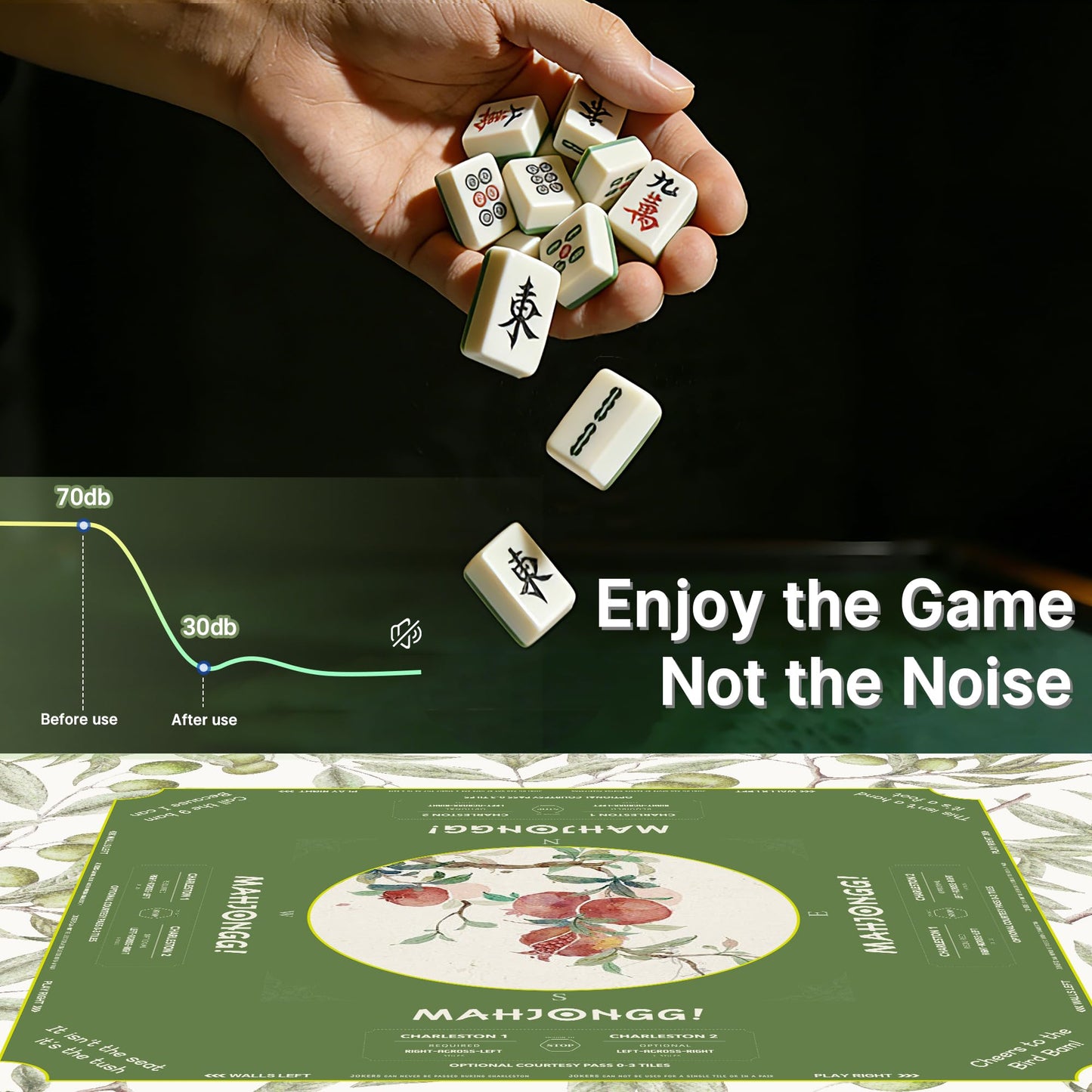 HWZ Mahjong Mat – 31.5-Inch Square, 3.5mm Thick, Waterproof, Noise-Reducing Surface with 4 Mixers & Storage Bag | Olive Green
