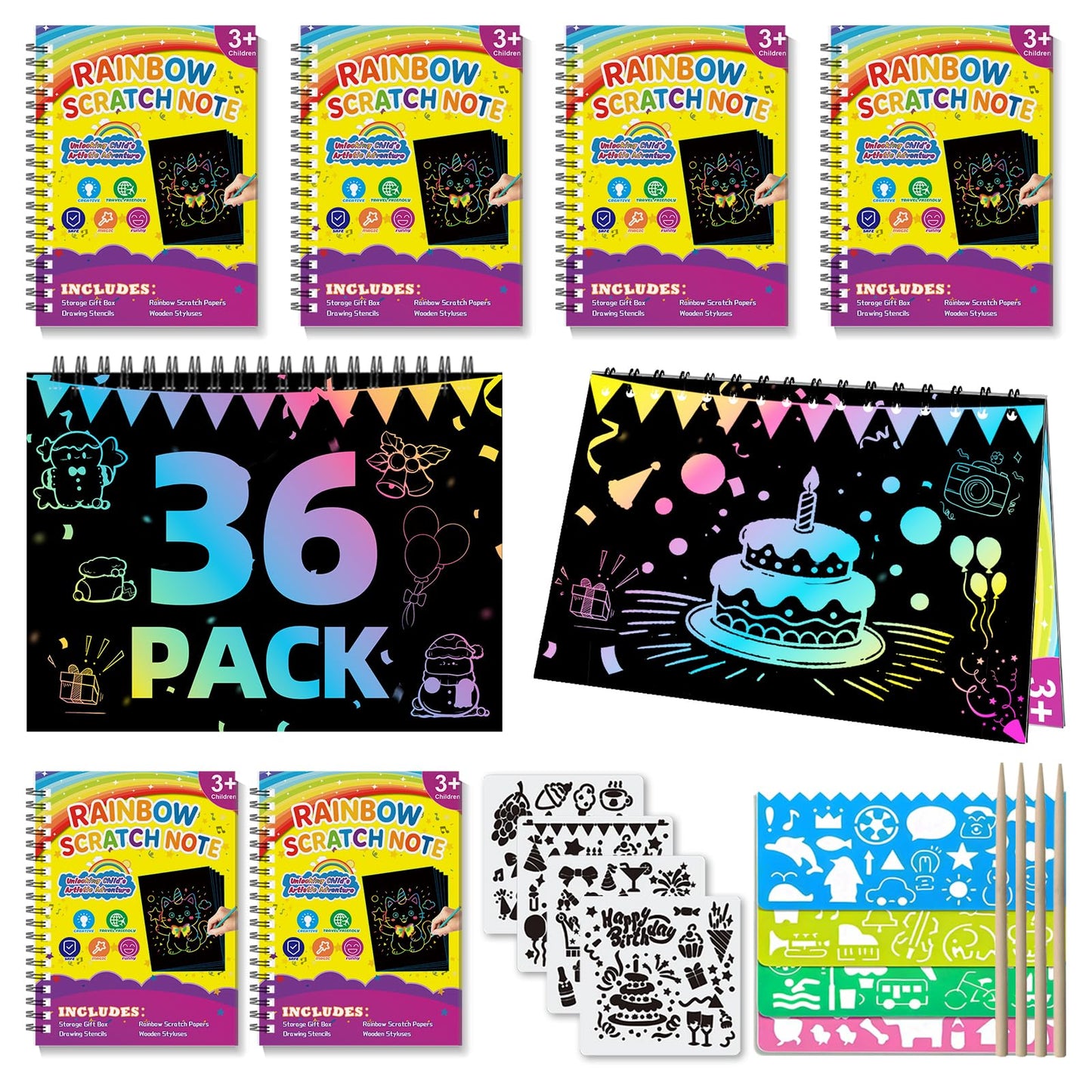 HXDOGSP Scratch Art for Kids – 36-Pack Rainbow Scratch Paper Notebook Set (Ages 4–12)