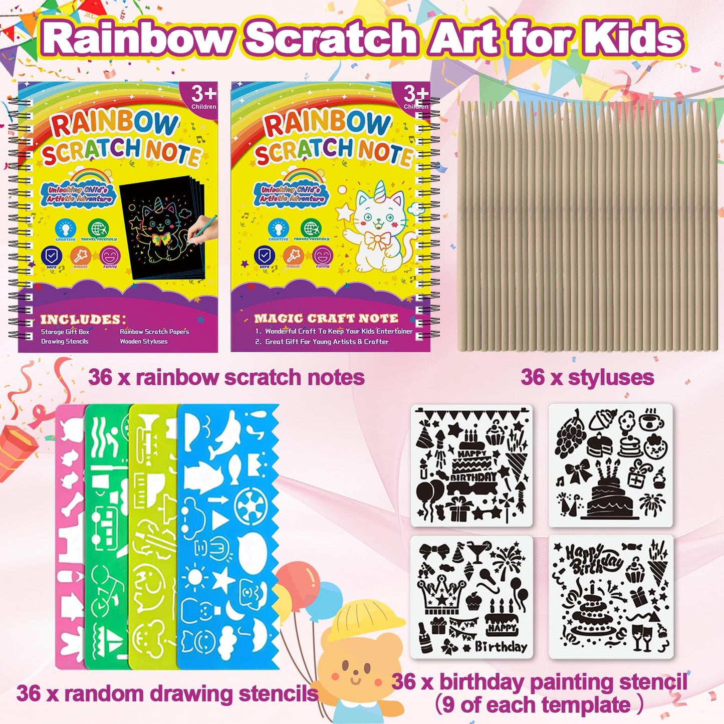 HXDOGSP Scratch Art for Kids – 36-Pack Rainbow Scratch Paper Notebook Set (Ages 4–12)