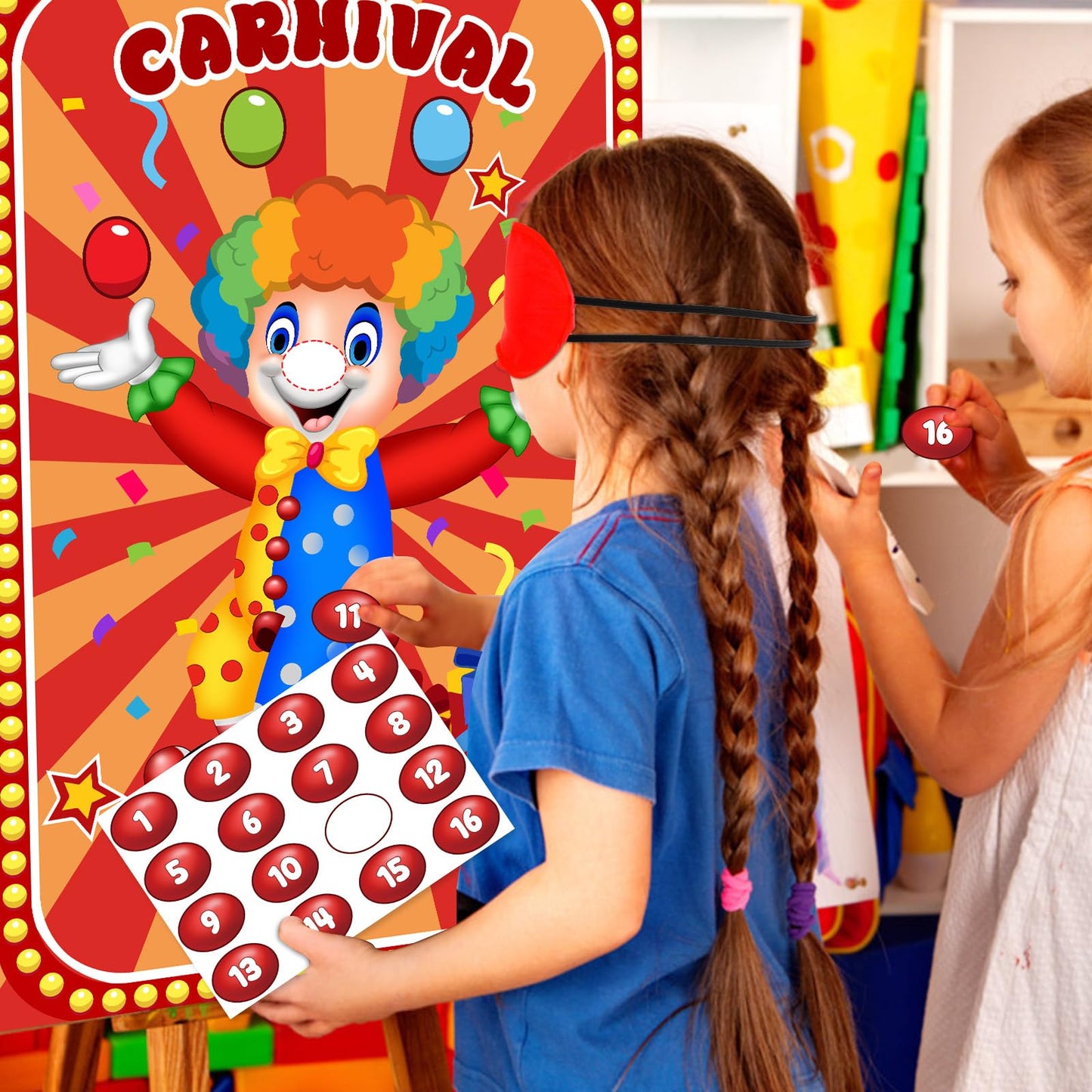 Hxezoc Circus Party Games – Pin The Noses on The Clown, 32 Nose Stickers, 29x19 Inch Poster, Kids Birthday Party & Classroom Fun