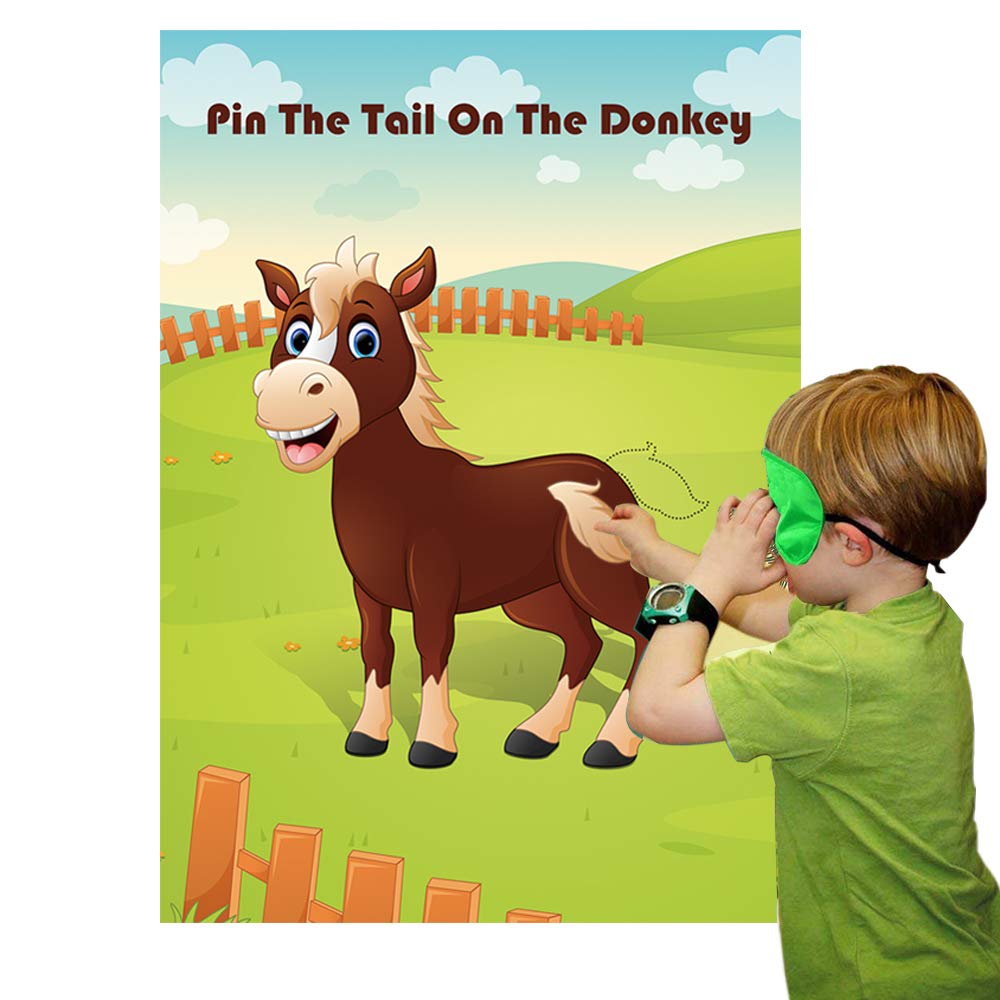 Hxezoc Pin The Tail On The Donkey Party Game – Large Donkey Poster & 30 Tails for Kids Birthday & Carnival