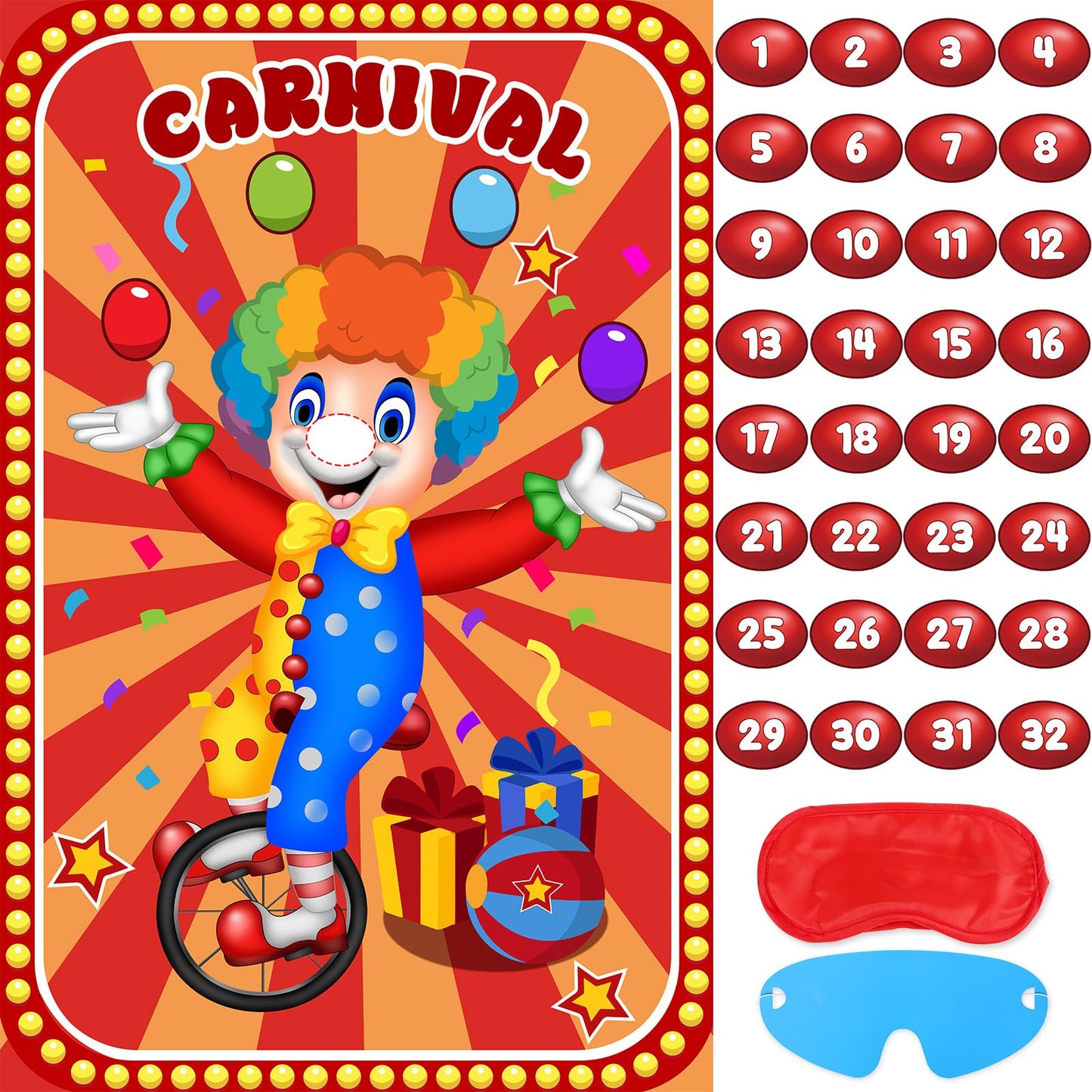 Hxezoc Circus Party Games – Pin The Noses on The Clown, 32 Nose Stickers, 29x19 Inch Poster, Kids Birthday Party & Classroom Fun