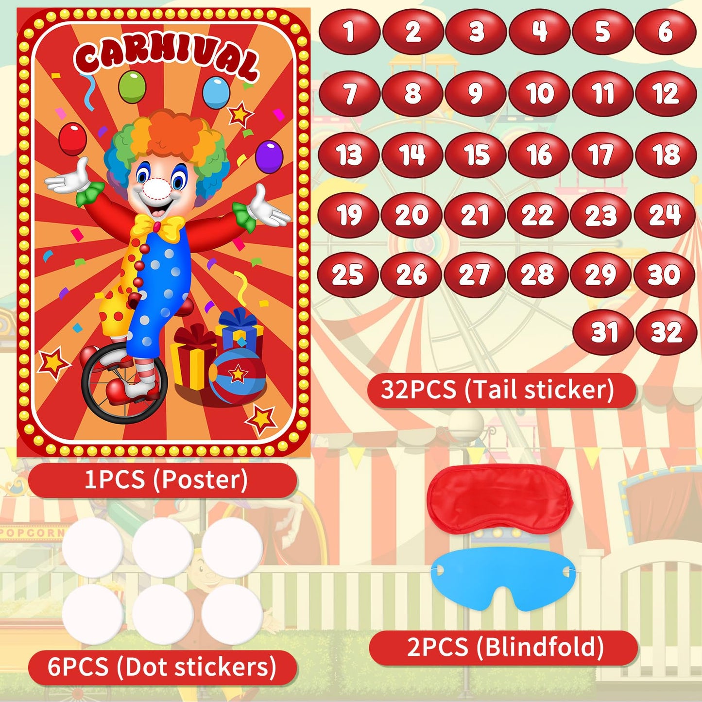Hxezoc Circus Party Games – Pin The Noses on The Clown, 32 Nose Stickers, 29x19 Inch Poster, Kids Birthday Party & Classroom Fun
