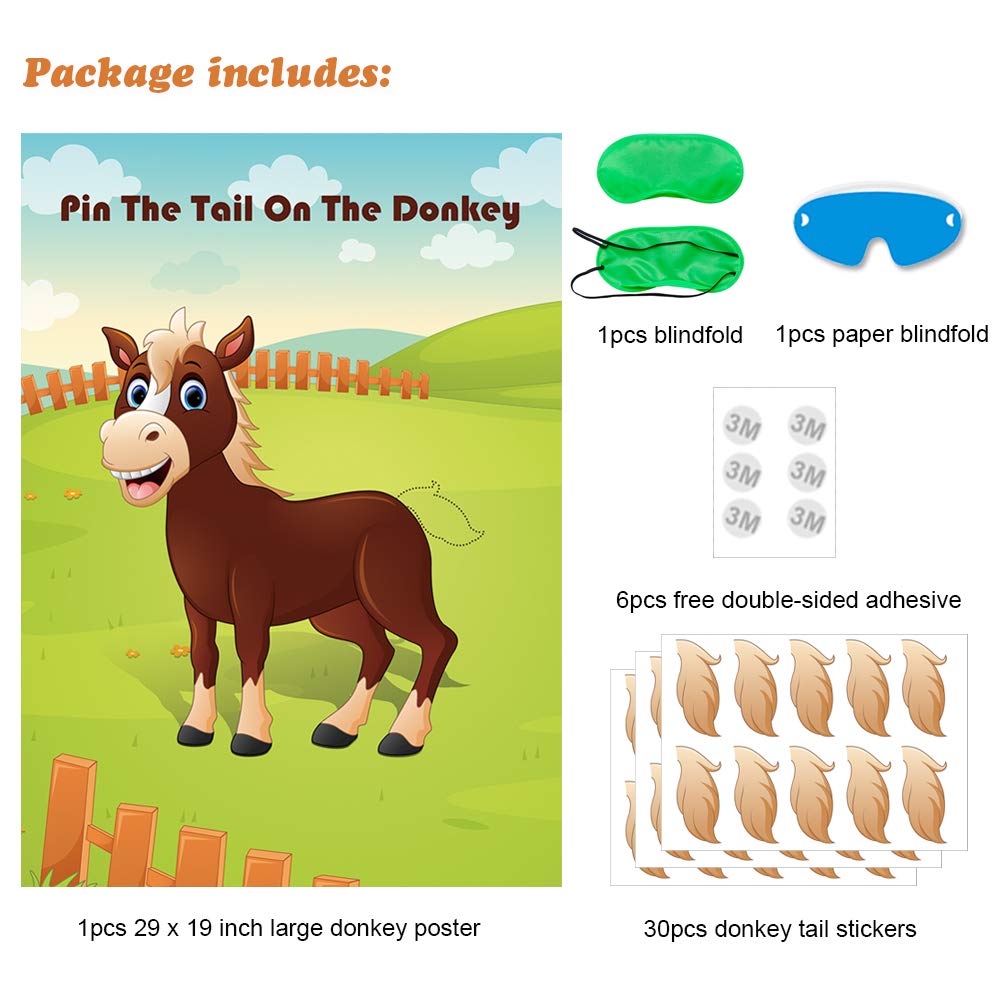 Hxezoc Pin The Tail On The Donkey Party Game – Large Donkey Poster & 30 Tails for Kids Birthday & Carnival