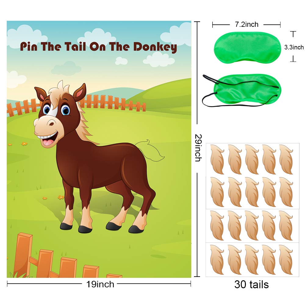 Hxezoc Pin The Tail On The Donkey Party Game – Large Donkey Poster & 30 Tails for Kids Birthday & Carnival