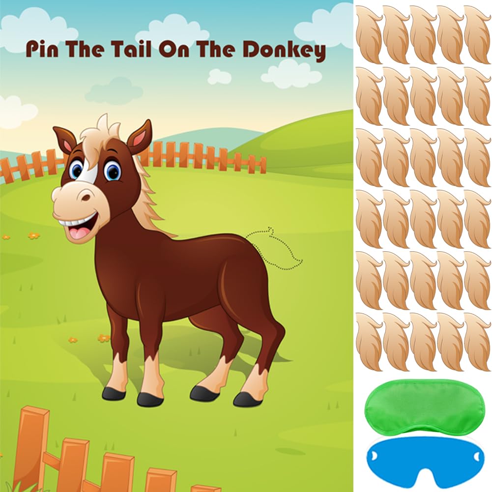 Hxezoc Pin The Tail On The Donkey Party Game – Large Donkey Poster & 30 Tails for Kids Birthday & Carnival