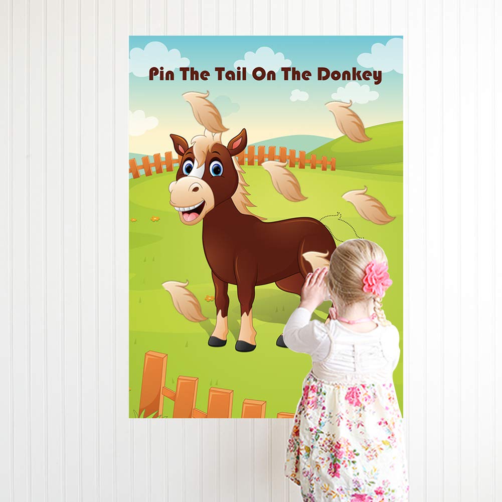 Hxezoc Pin The Tail On The Donkey Party Game – Large Donkey Poster & 30 Tails for Kids Birthday & Carnival