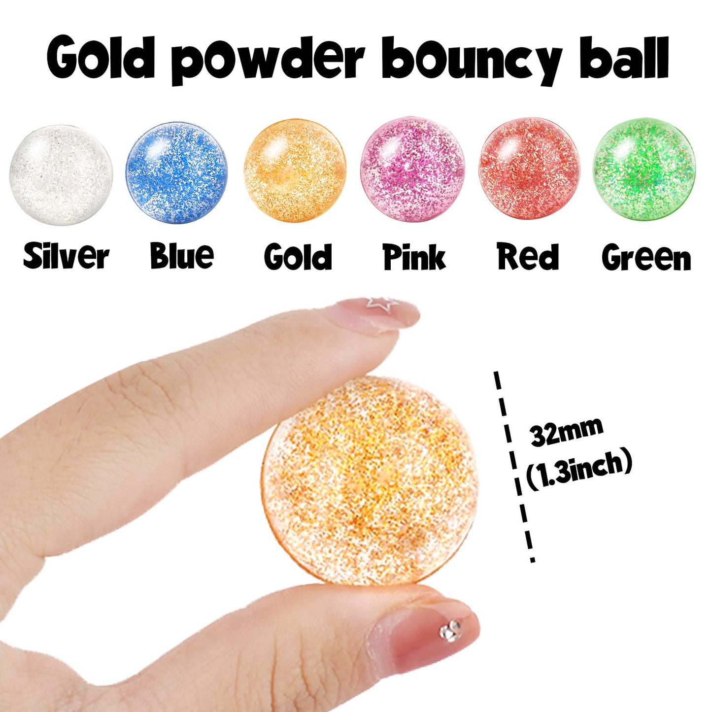 Hxezoc Glitter Bouncy Balls – 24 Pcs, 32mm, 6 Colors for Party Favors