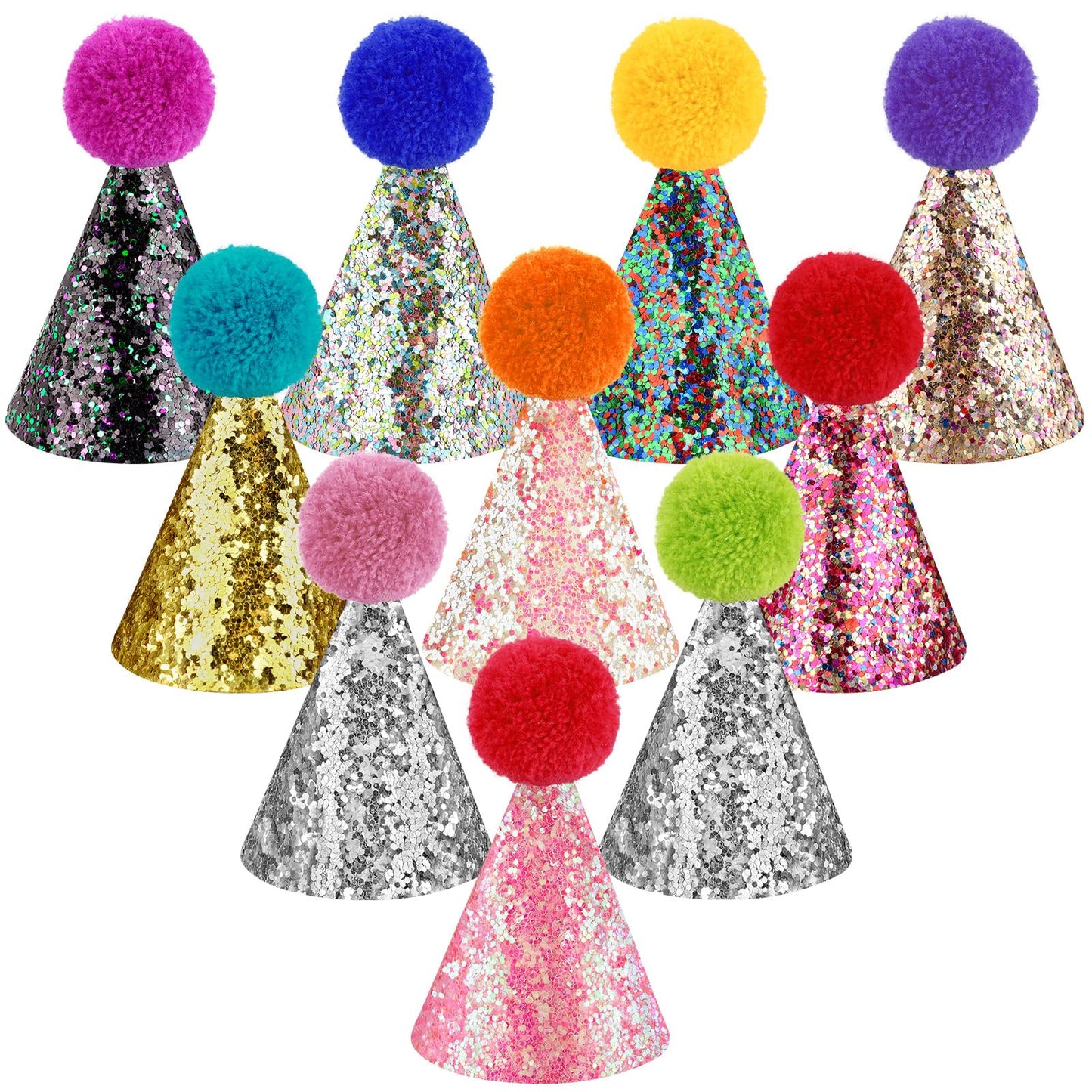 Hxezoc Glitter Mini Birthday Hats – 10 Pcs Multicolor Sequin Cone Hats for Kids and Pets