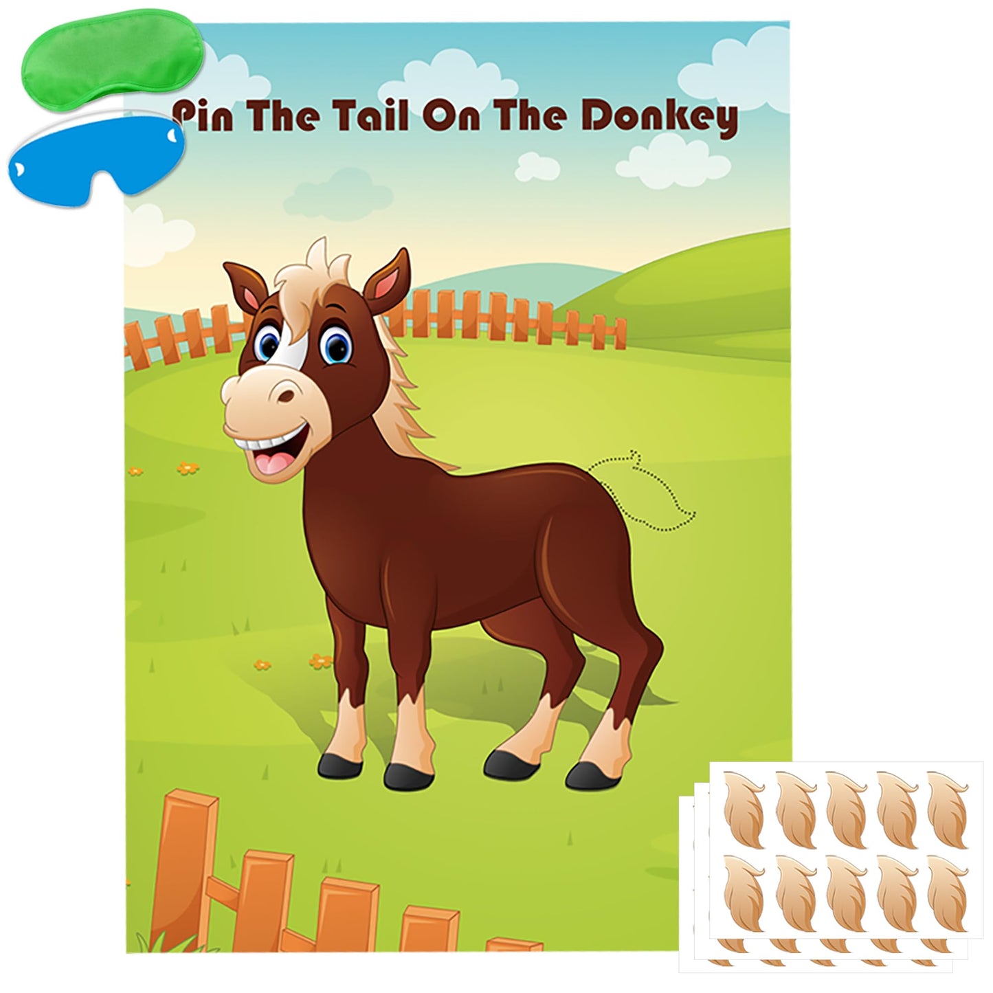 Hxezoc Pin The Tail On The Donkey Party Game – Large Donkey Poster & 30 Tails for Kids Birthday & Carnival