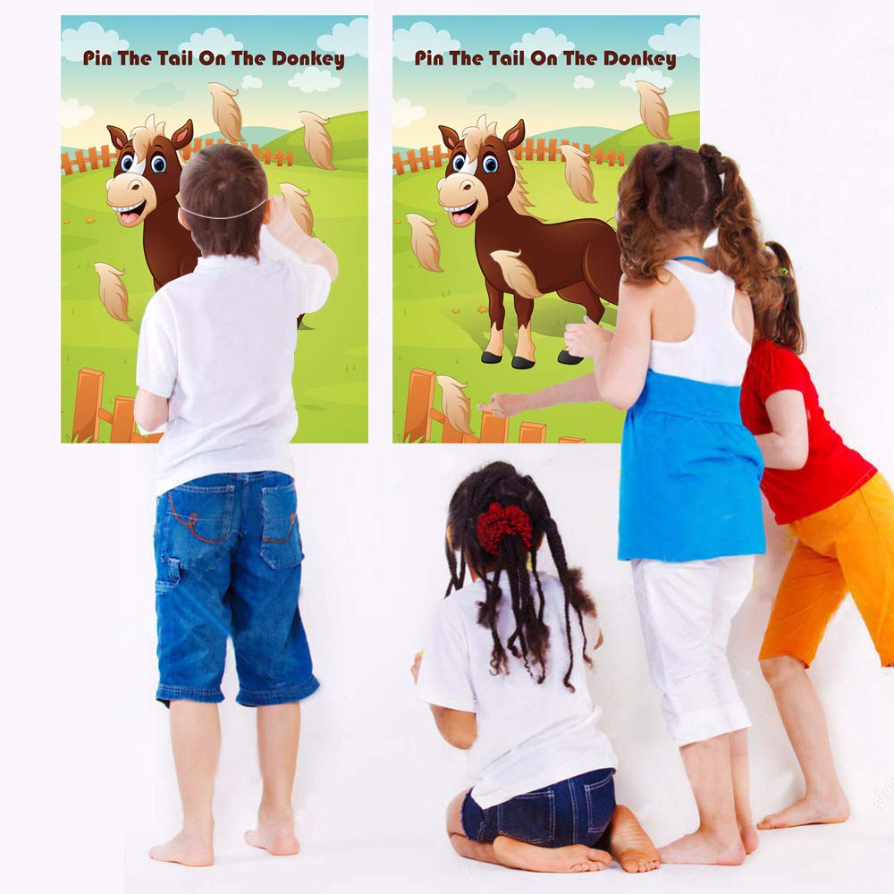 Hxezoc Pin The Tail On The Donkey Party Game – Large Donkey Poster & 30 Tails for Kids Birthday & Carnival