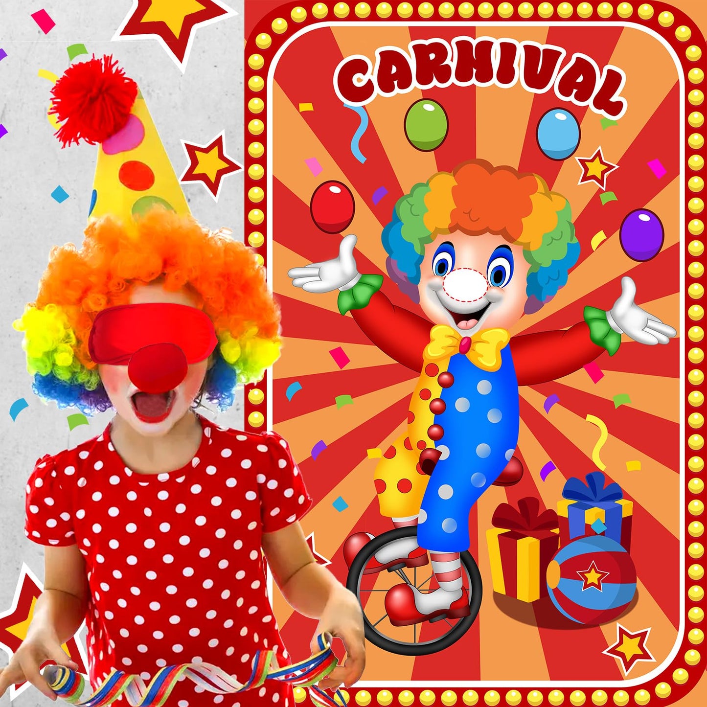 Hxezoc Circus Party Games – Pin The Noses on The Clown, 32 Nose Stickers, 29x19 Inch Poster, Kids Birthday Party & Classroom Fun