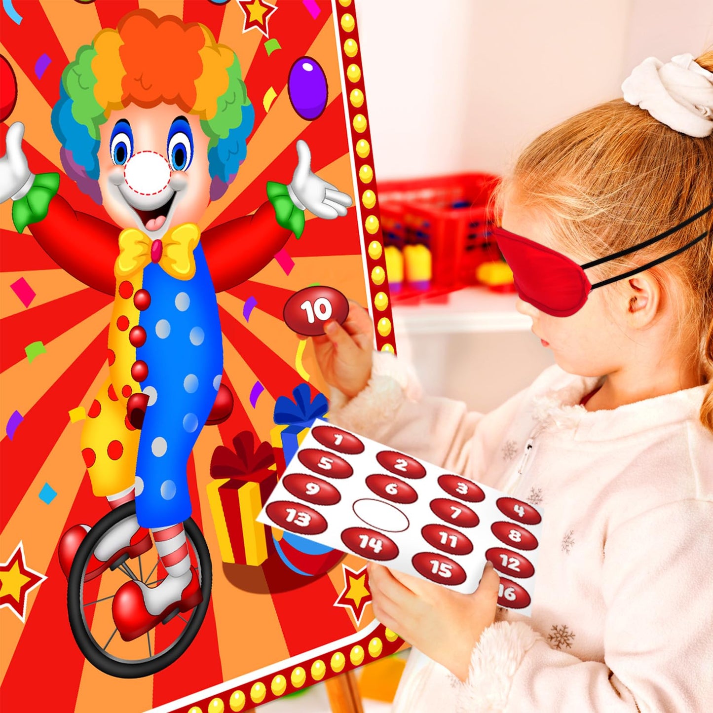 Hxezoc Circus Party Games – Pin The Noses on The Clown, 32 Nose Stickers, 29x19 Inch Poster, Kids Birthday Party & Classroom Fun