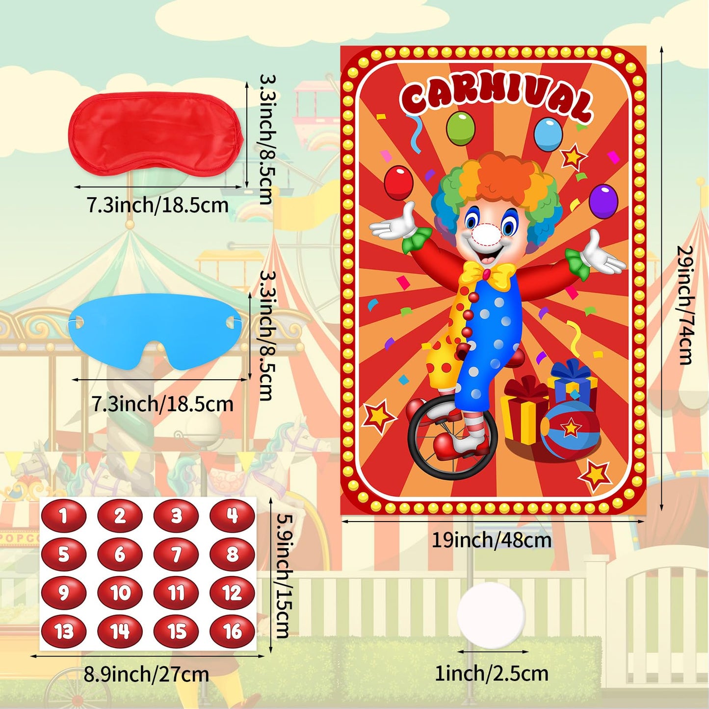 Hxezoc Circus Party Games – Pin The Noses on The Clown, 32 Nose Stickers, 29x19 Inch Poster, Kids Birthday Party & Classroom Fun