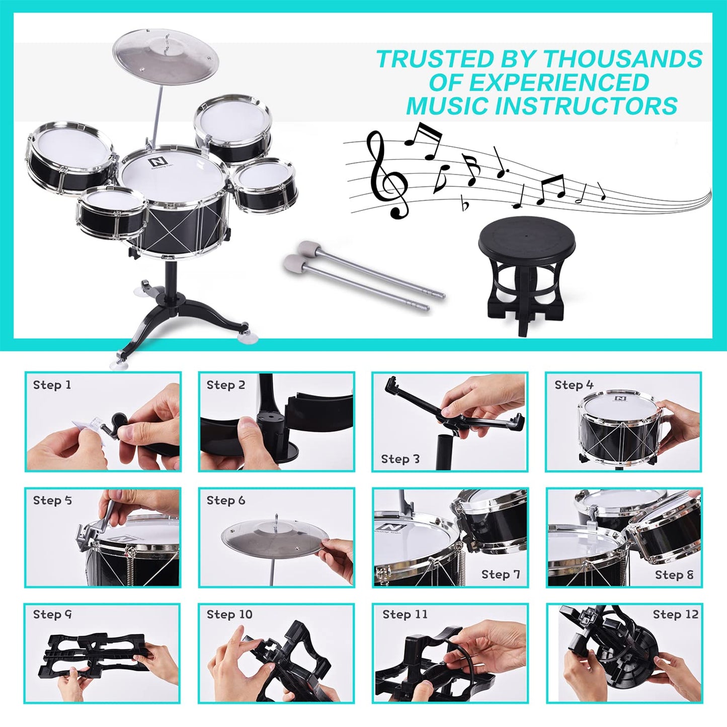 HXIA Kids Drum Toy Set for Ages 3-7 – Black