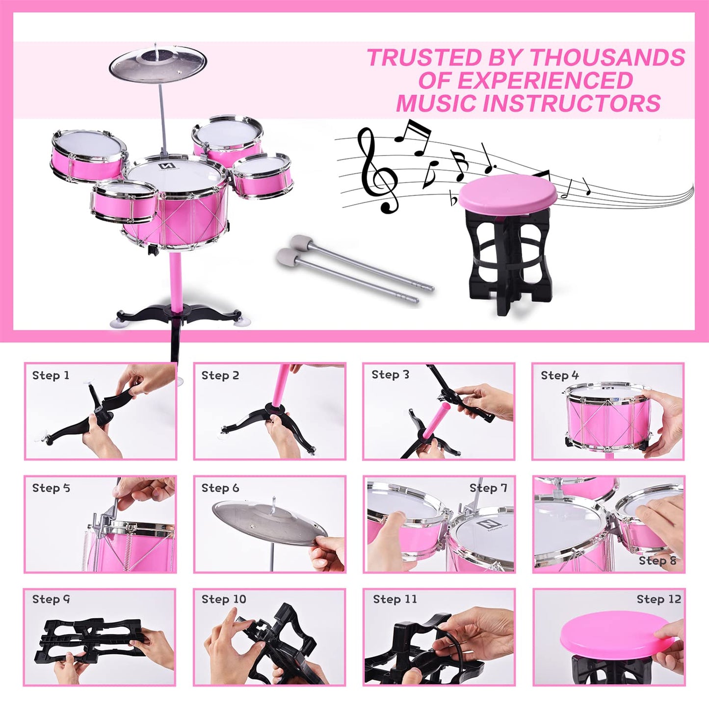 HXIA Kids Drum Set Pink — For Ages 3-6 | Beginner Rock Jazz Toy