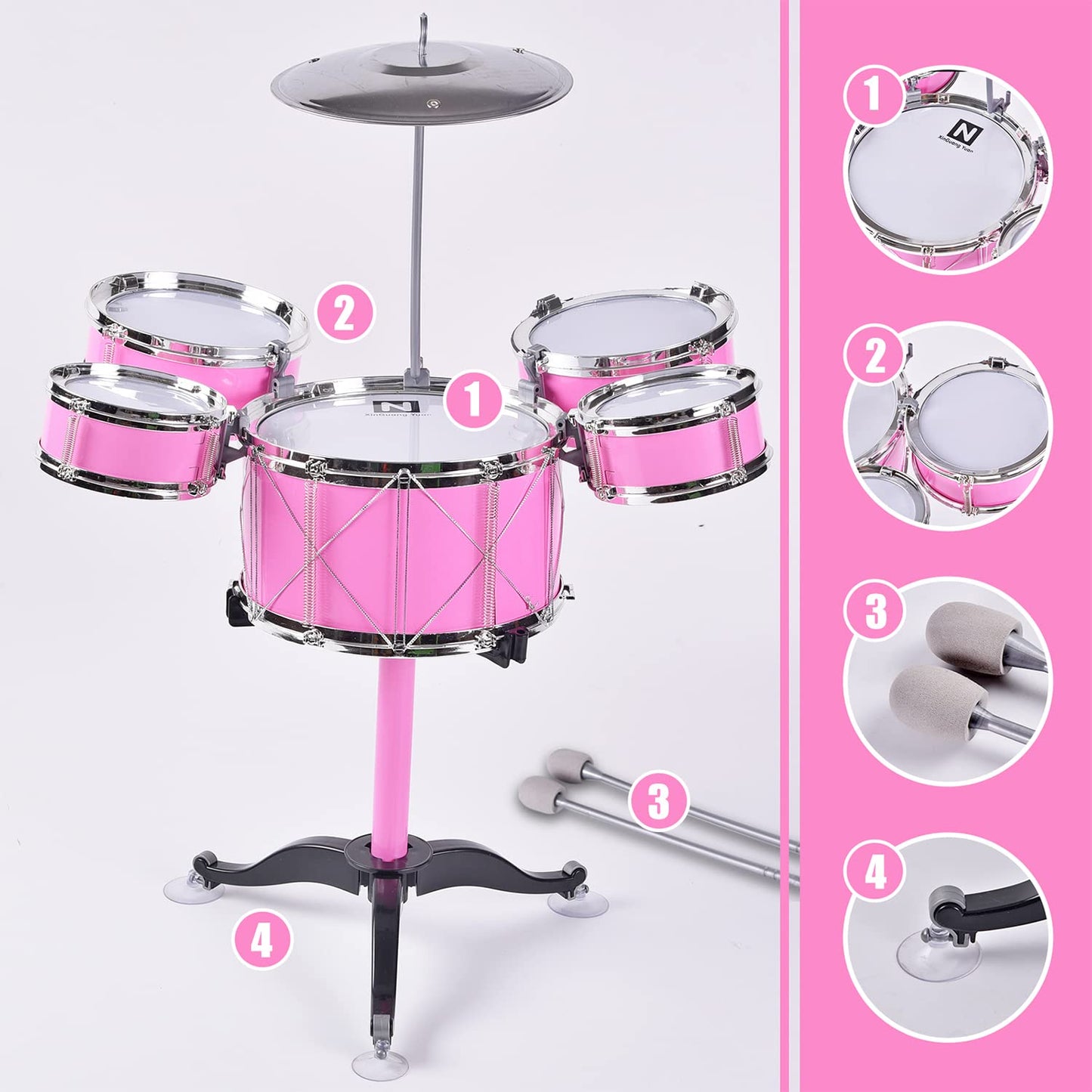 HXIA Kids Drum Set Pink — For Ages 3-6 | Beginner Rock Jazz Toy