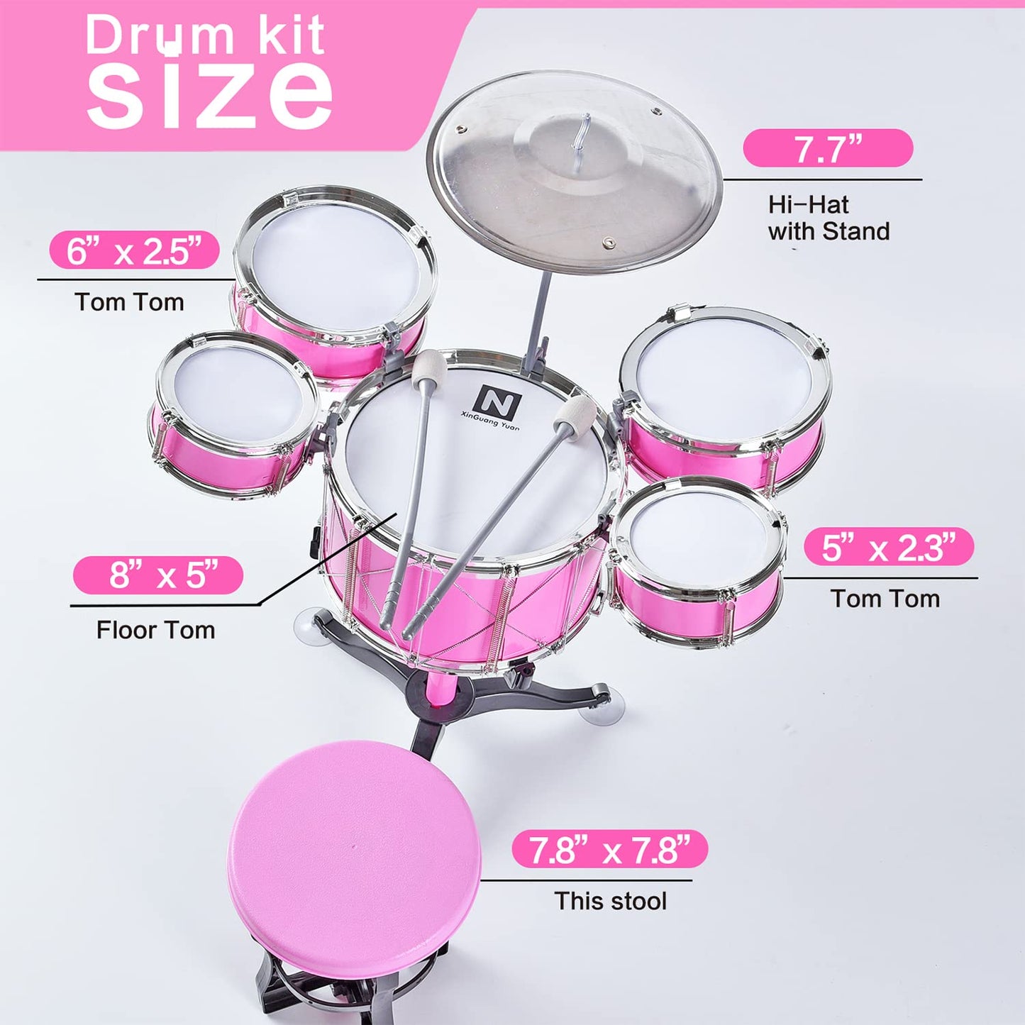 HXIA Kids Drum Set Pink — For Ages 3-6 | Beginner Rock Jazz Toy