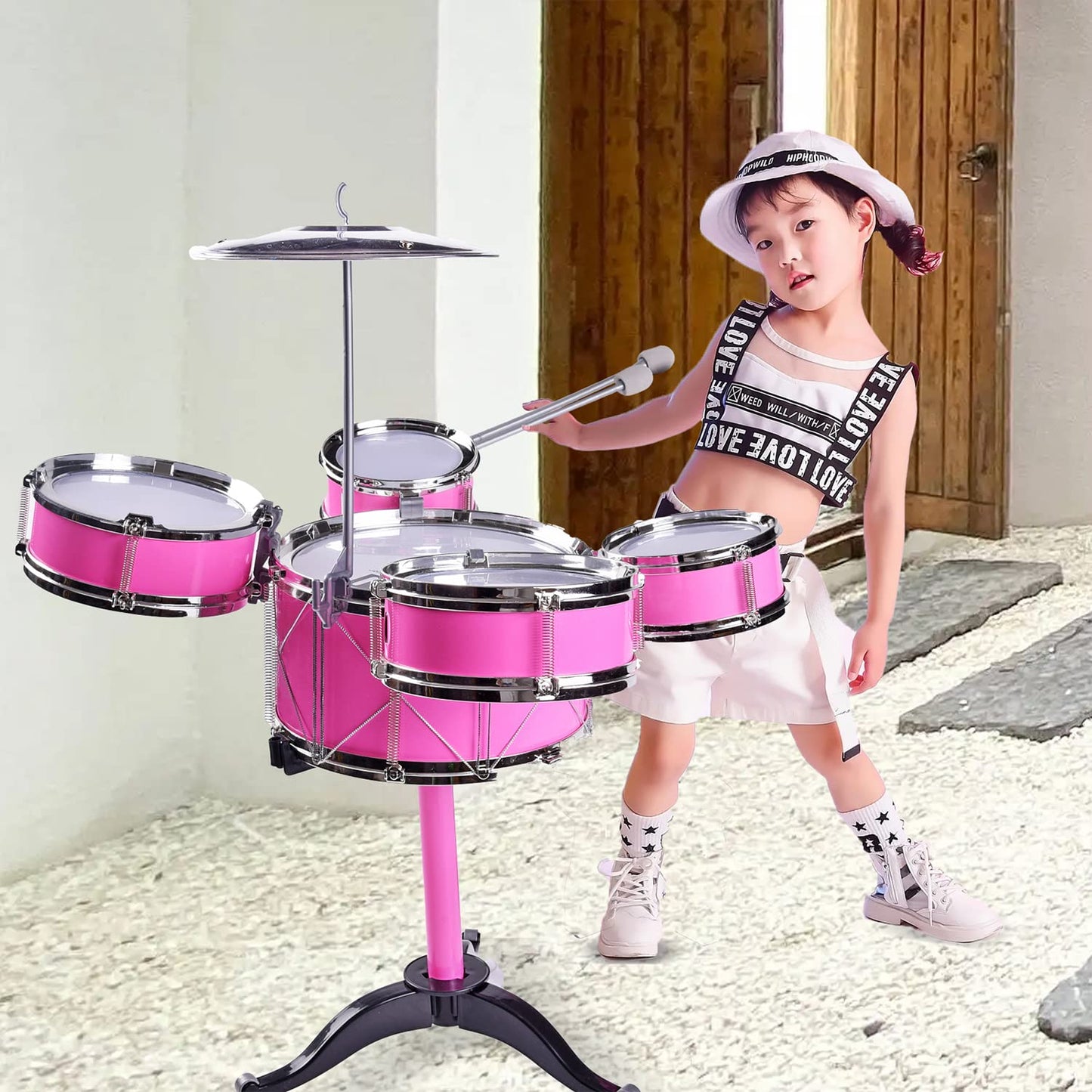 HXIA Kids Drum Set Pink — For Ages 3-6 | Beginner Rock Jazz Toy