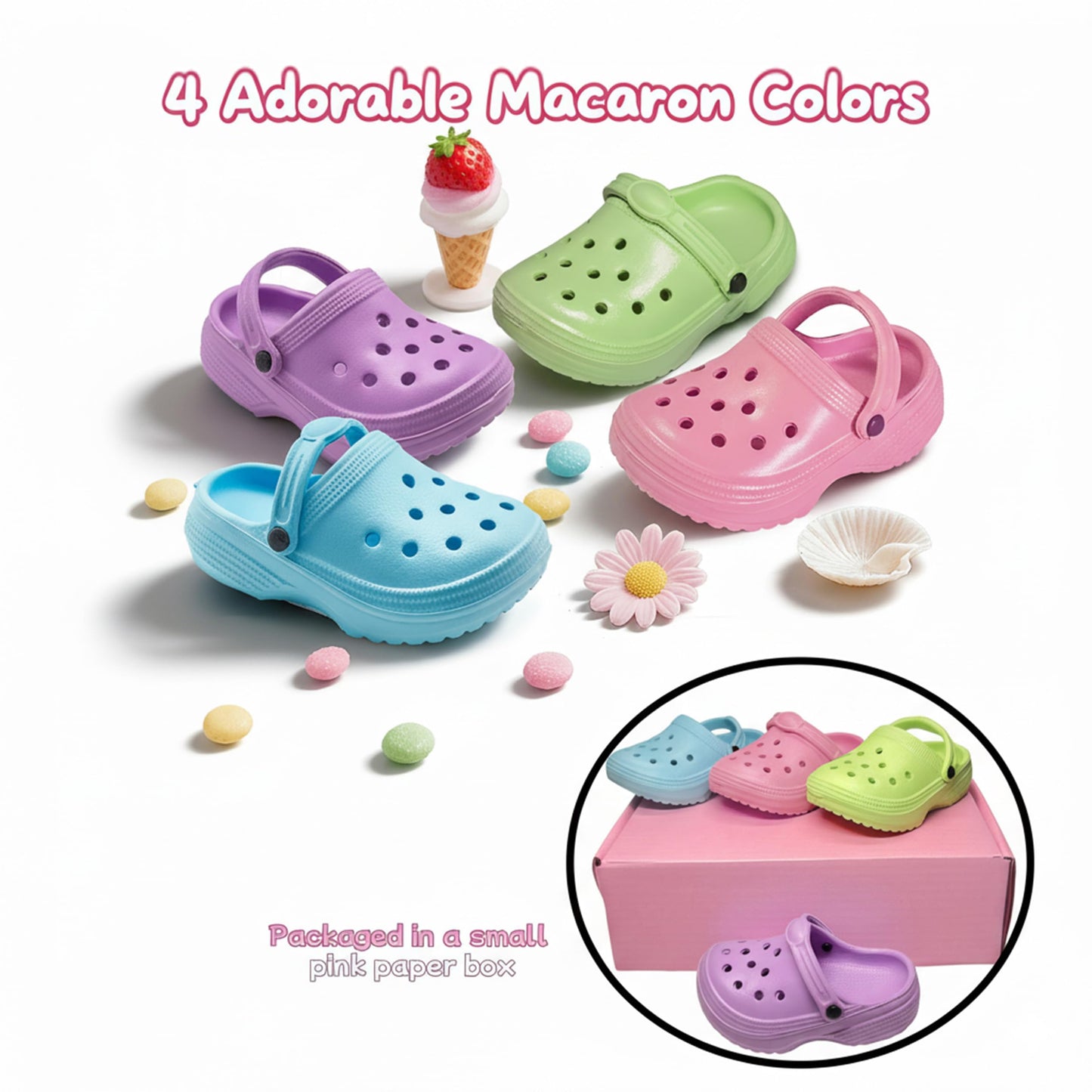 HXIELEC 4 Pairs Macaron EVA Slip-On Clogs for 18-Inch Dolls – Fits Most Dolls