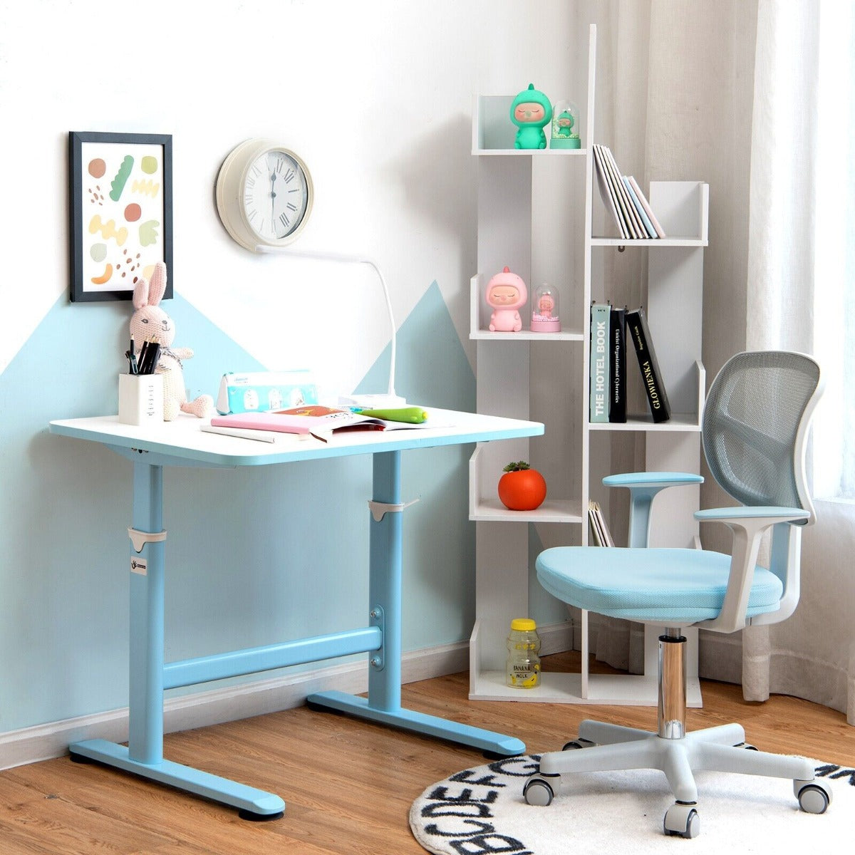 Kids Height-Adjustable Swivel Computer Desk Chair with Lumbar Support-Blue