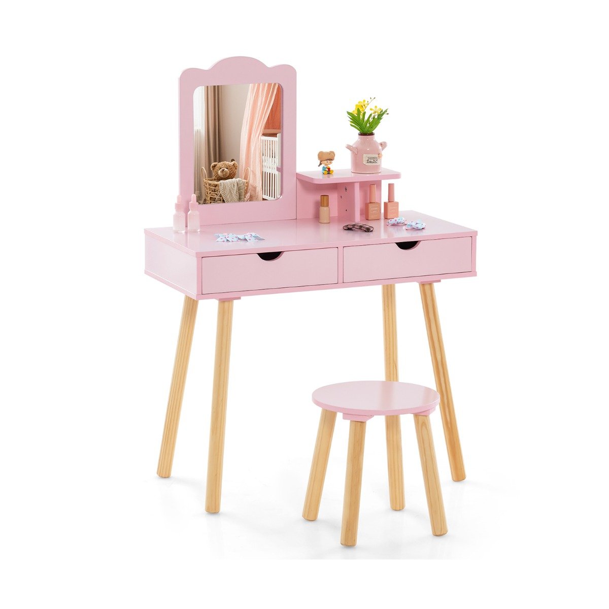 Kids Vanity Table and Stool Set with Square Mirror and Storage Shelf-Light Pink